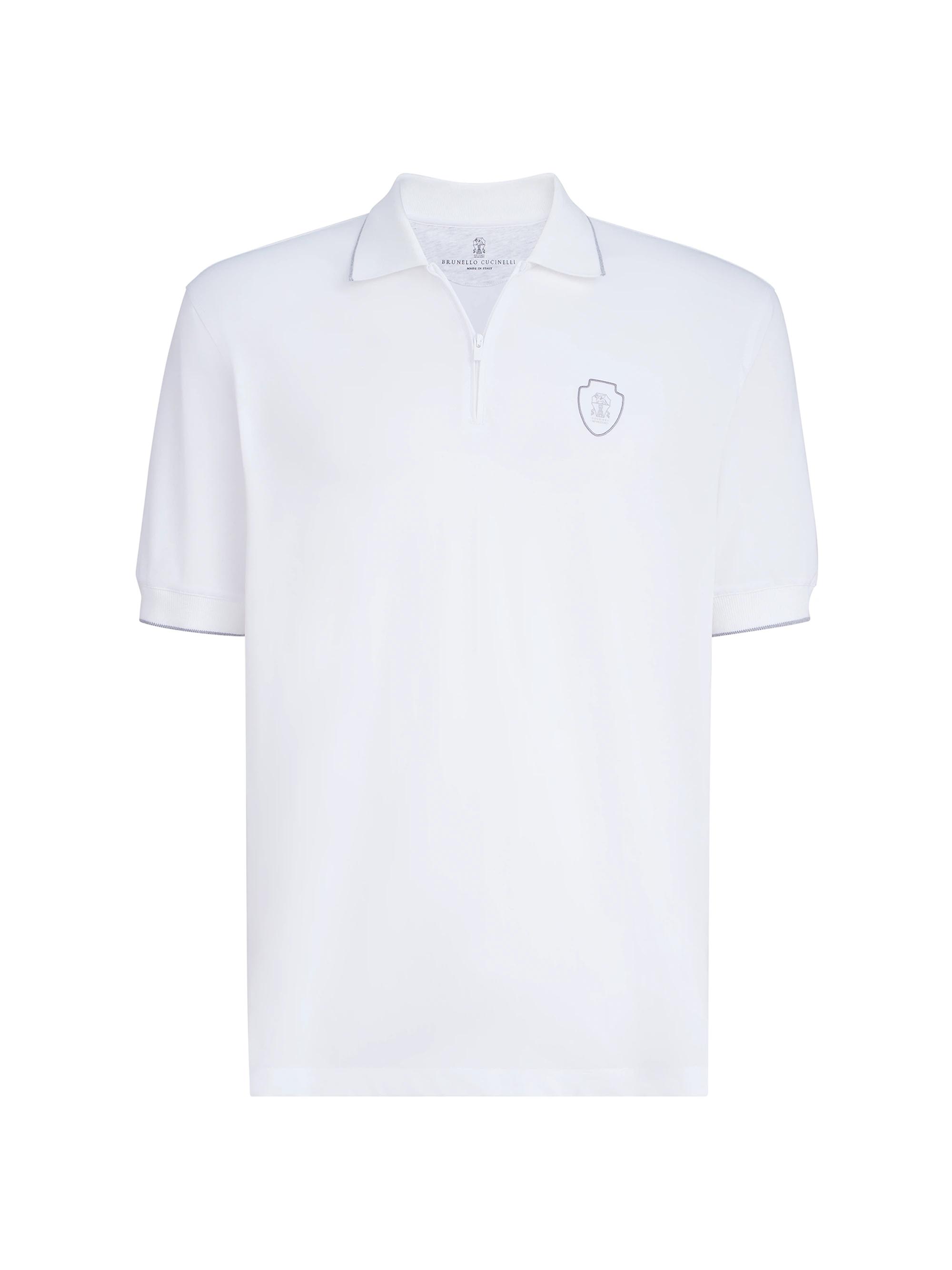 Brunello Cucinelli Men's Techno Piqué Polo Shirt with Half Zip - White