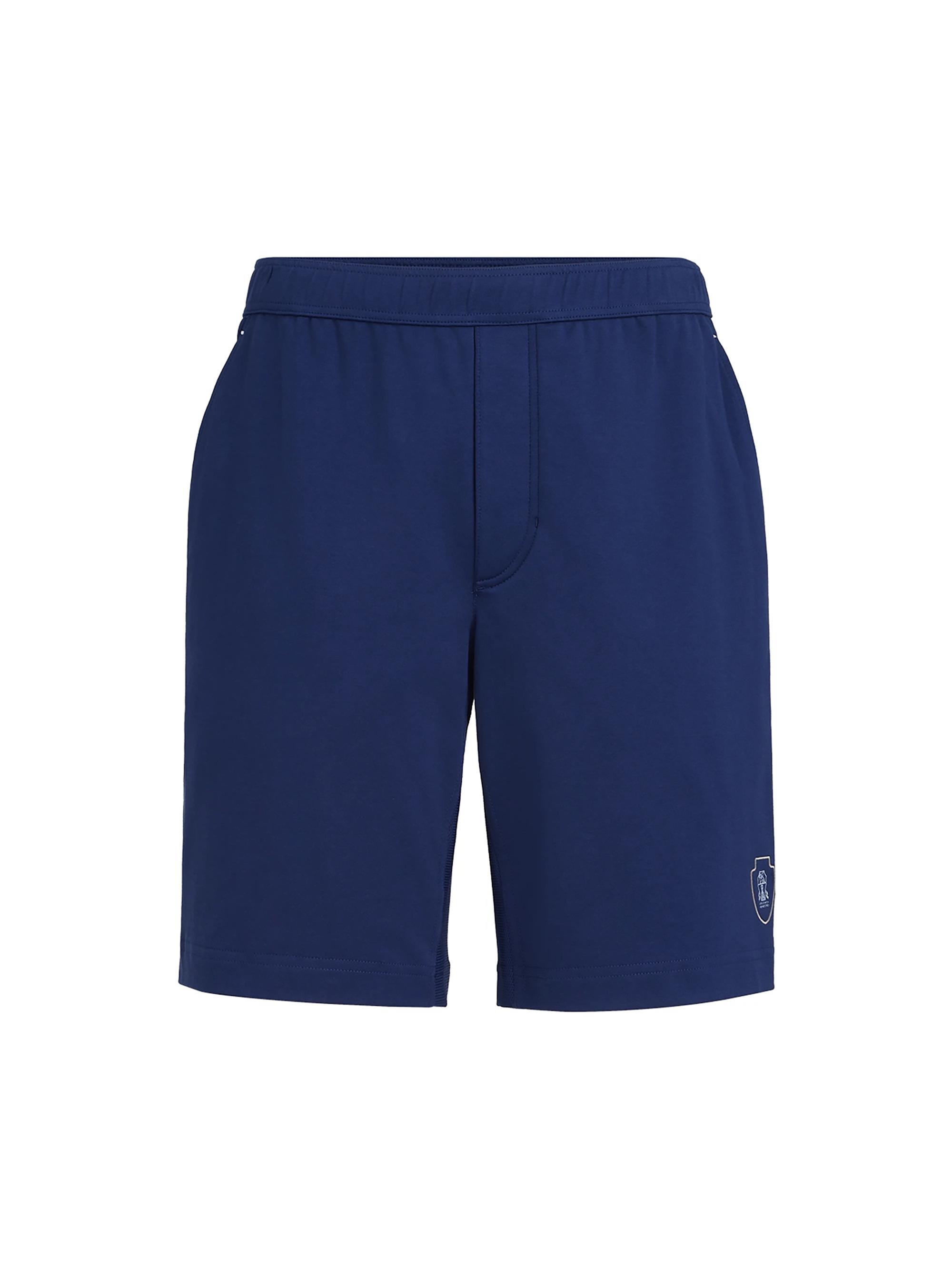 Brunello Cucinelli Men's Cotton Interlock Shorts with Logo - Avio Blue