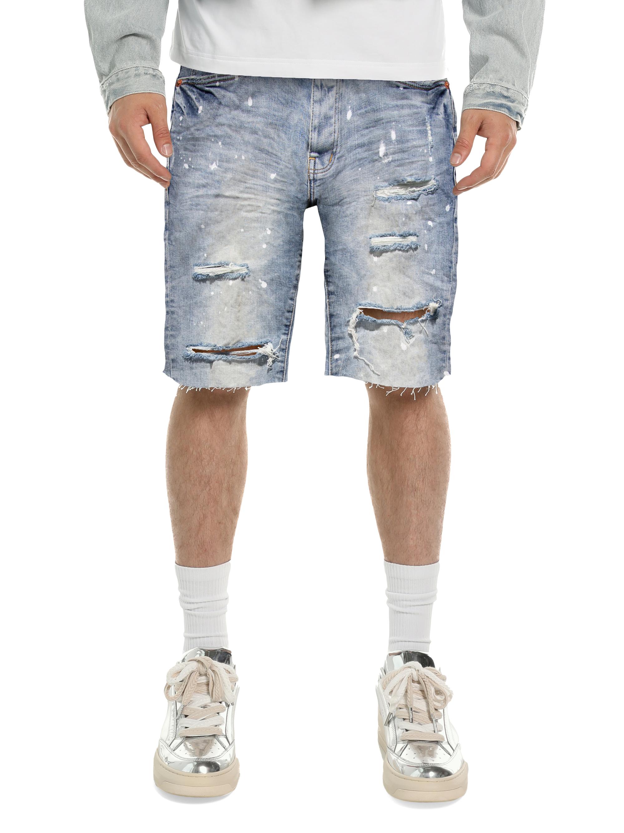 Purple Brand Men's Painterly Distressed Denim Wide-Leg Shorts - Light Indigo