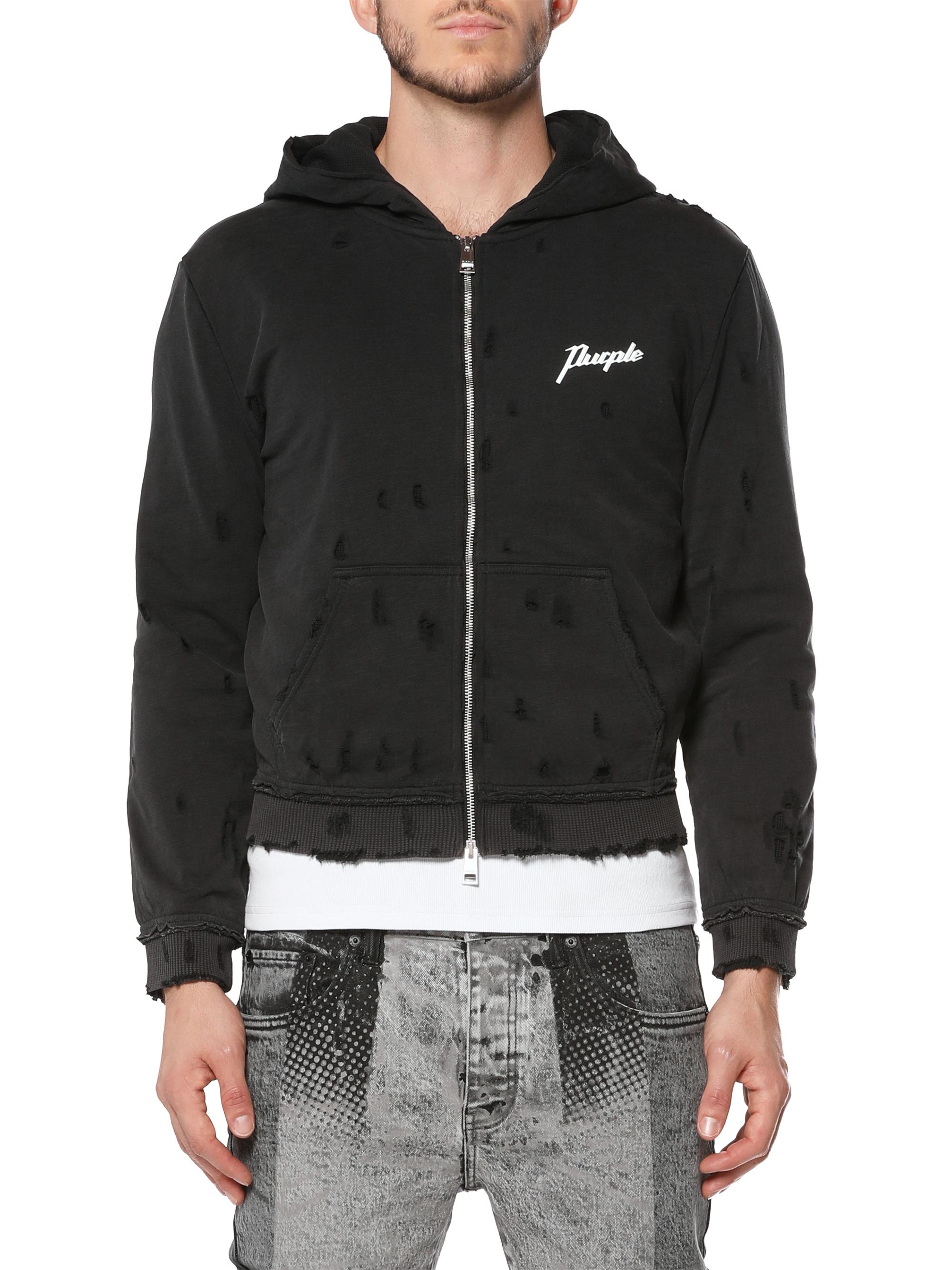 Purple Brand Men's Logo Distressed Cotton Shrunken Hoodie - Black