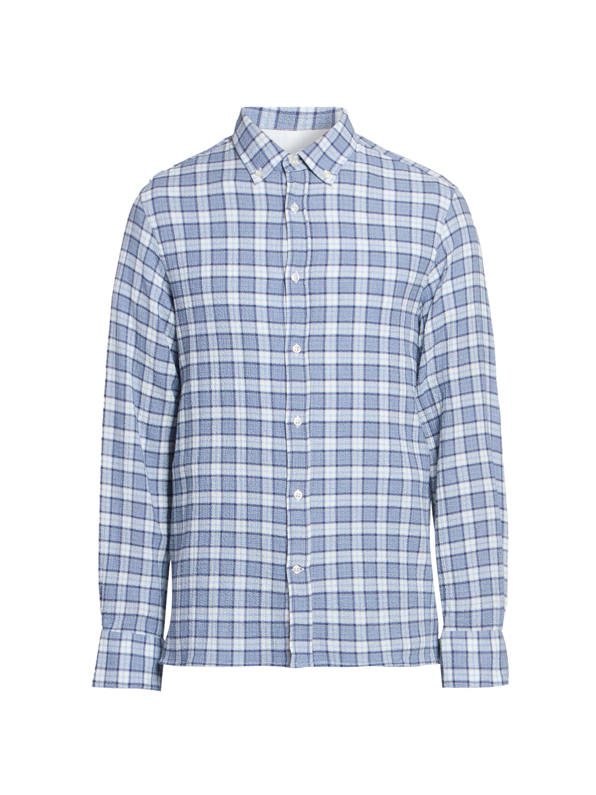 Officine Générale Men's Arsene Waffled Cotton Check Shirt - White Blue Navy