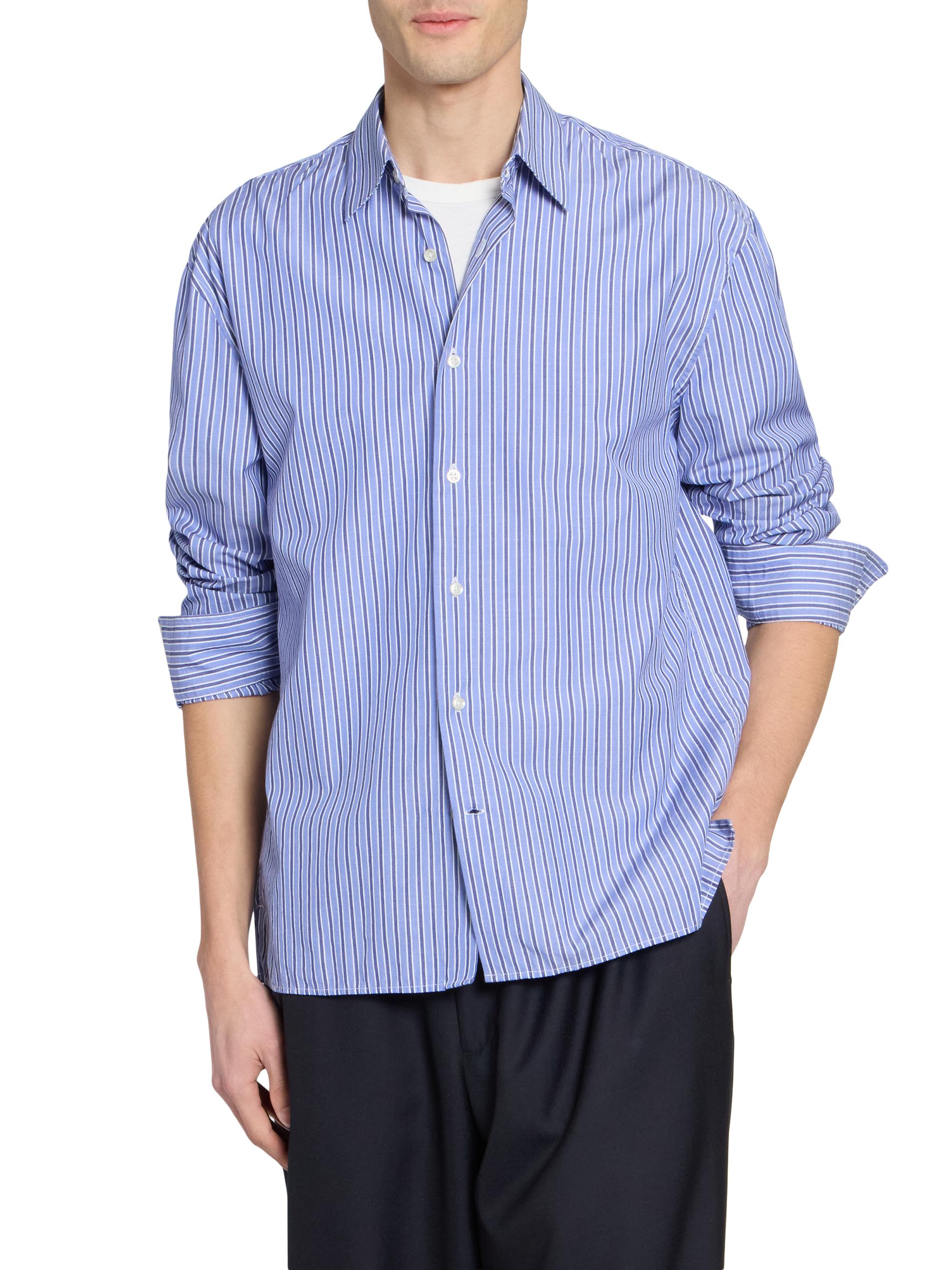 Officine Générale Men's Gad Striped Cotton Poplin Shirt - Blue Navy White | Thumbnail 3