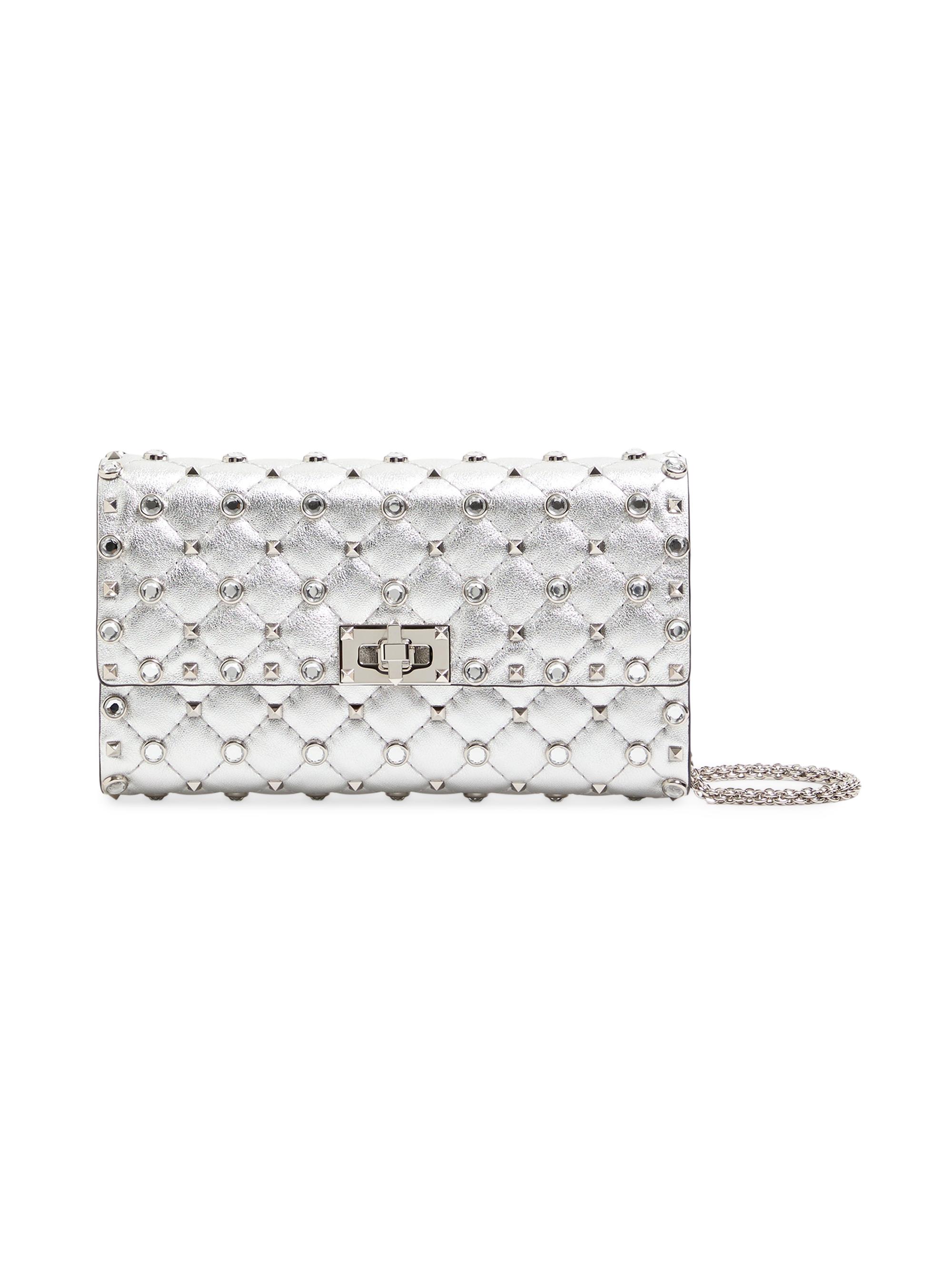 Valentino Garavani Women's Rockstud Spike Shoulder Bag in Laminated Nappa Leather - Silver Crystal