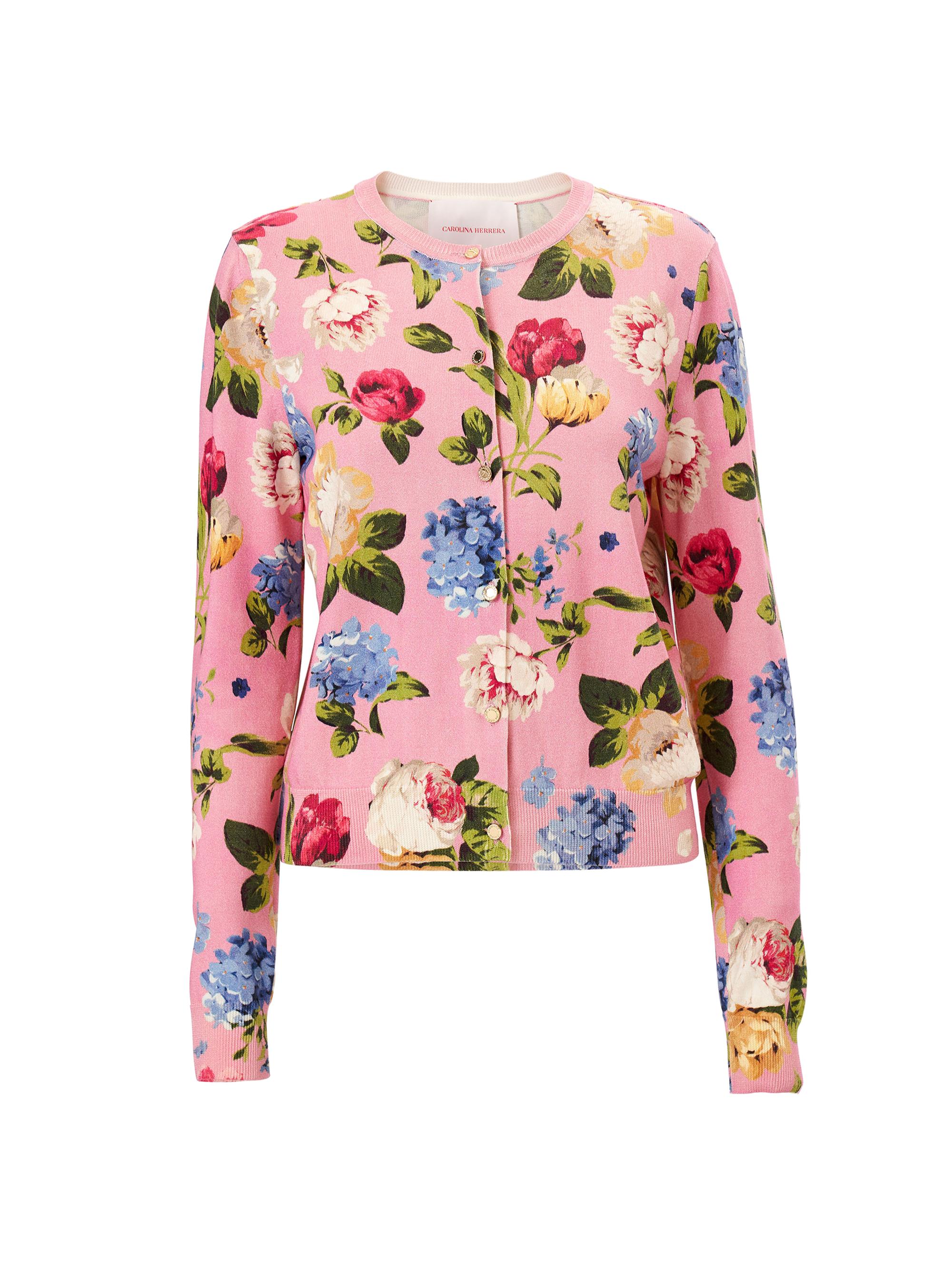 Carolina Herrera Women's Cabana Floral Crewneck Long-Sleeve Cardigan - Rosewater Multi
