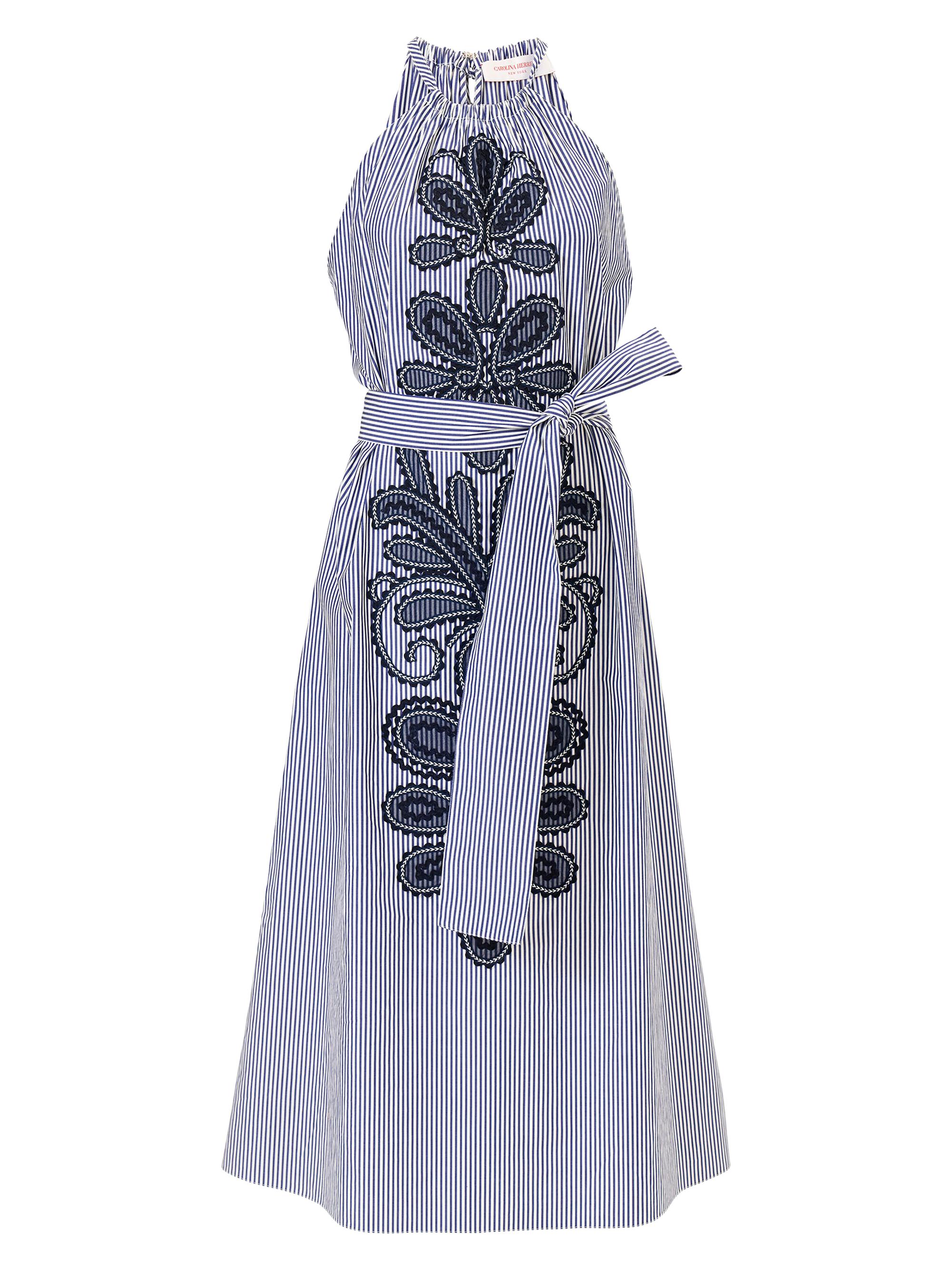 Carolina Herrera Women's Cabana Striped & Embroidered Halterneck Belted Cotton Midi-Dress - White Blue - Women's Clothing