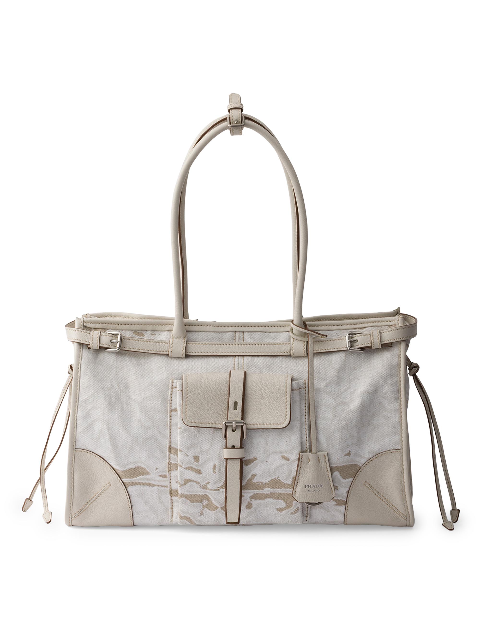 Prada Women's Bonnie  Printed Linen and Leather Top Handle Bag - White