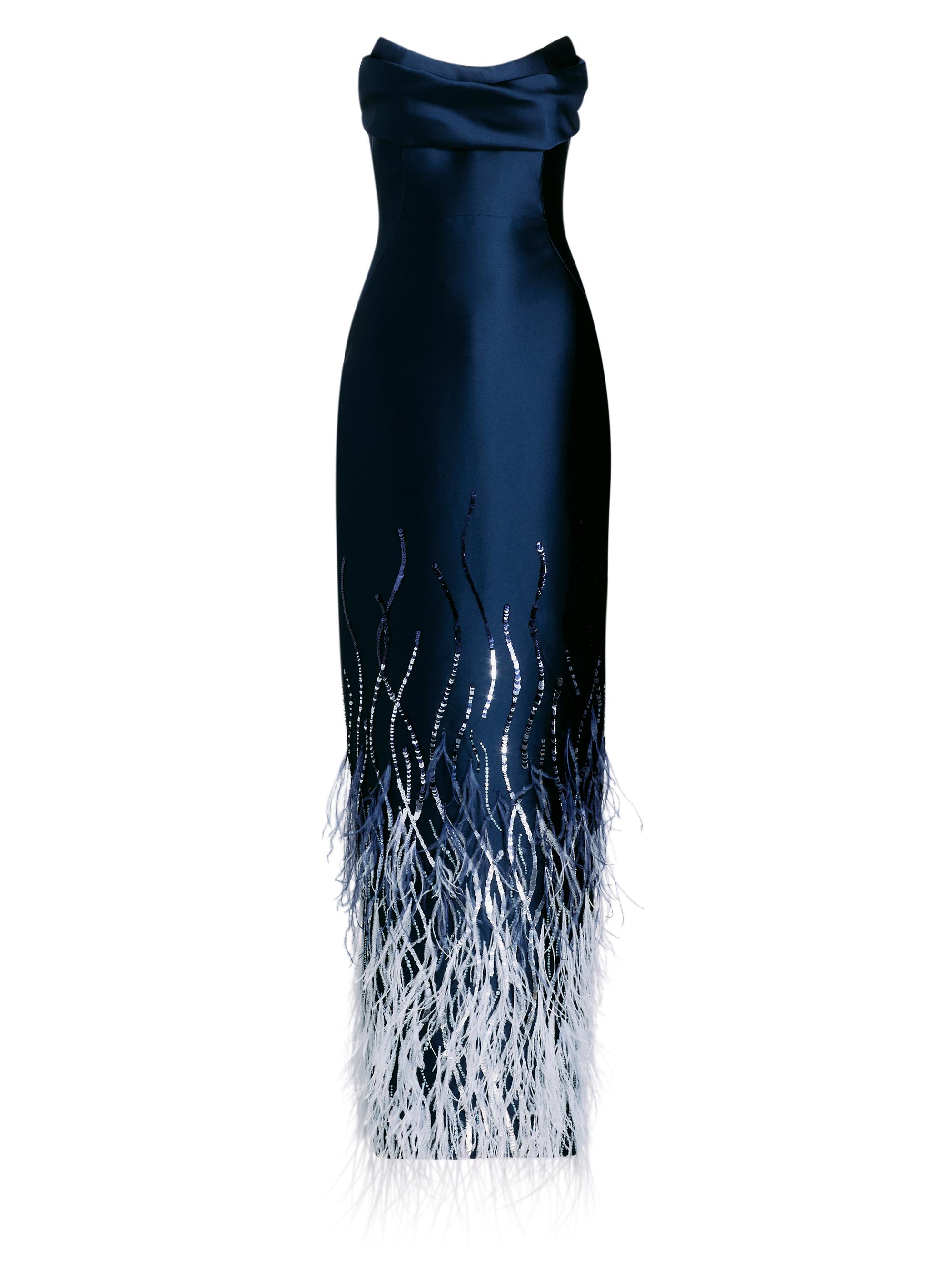 Pamella Roland Women's Beaded Feather Satin Strapless Gown - Navy Multi