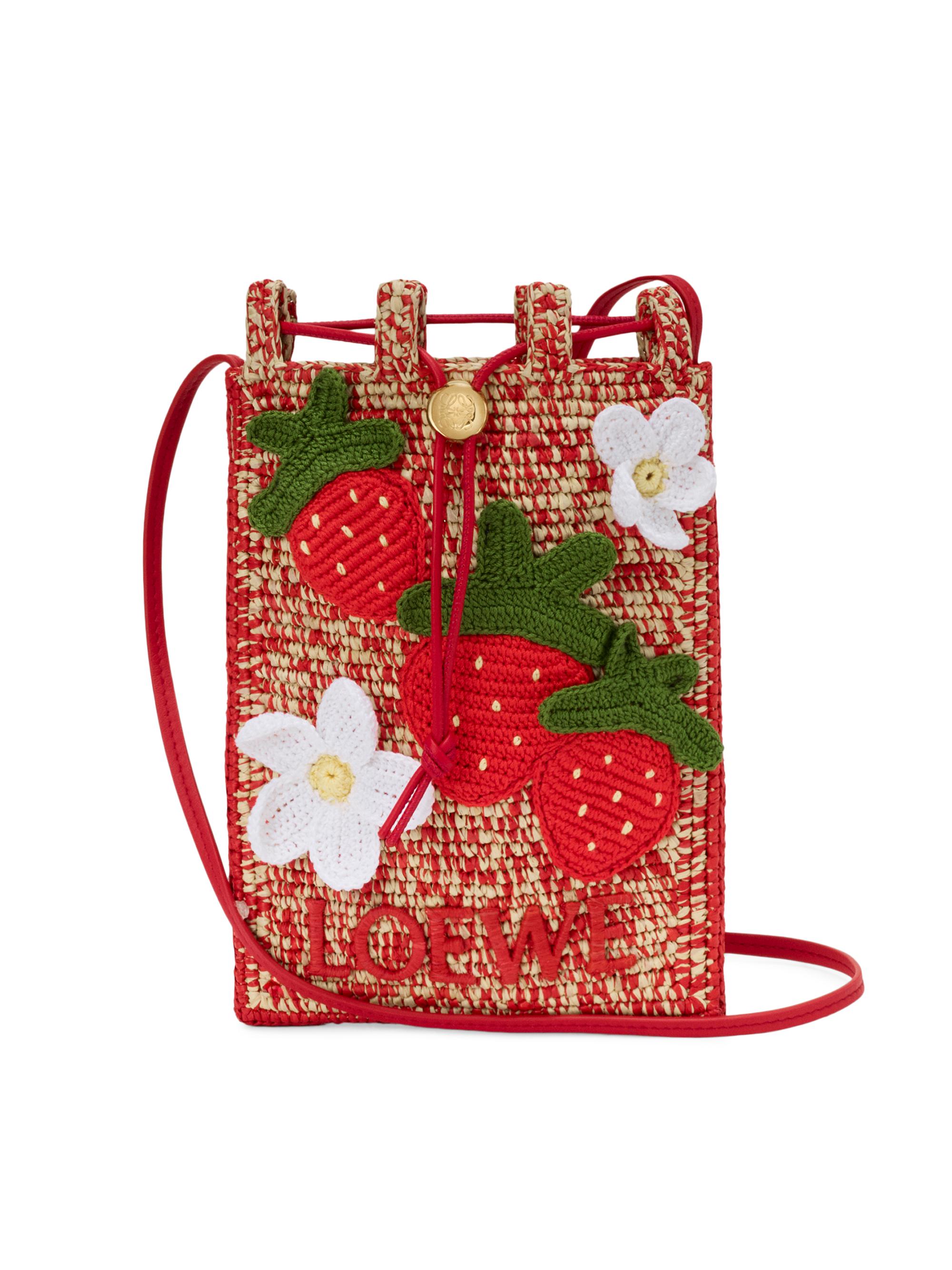 LOEWE Women's  x Paula's Ibiza Strawberry-Appliqué Raffia Drawstring Pouch - Multicolor Red