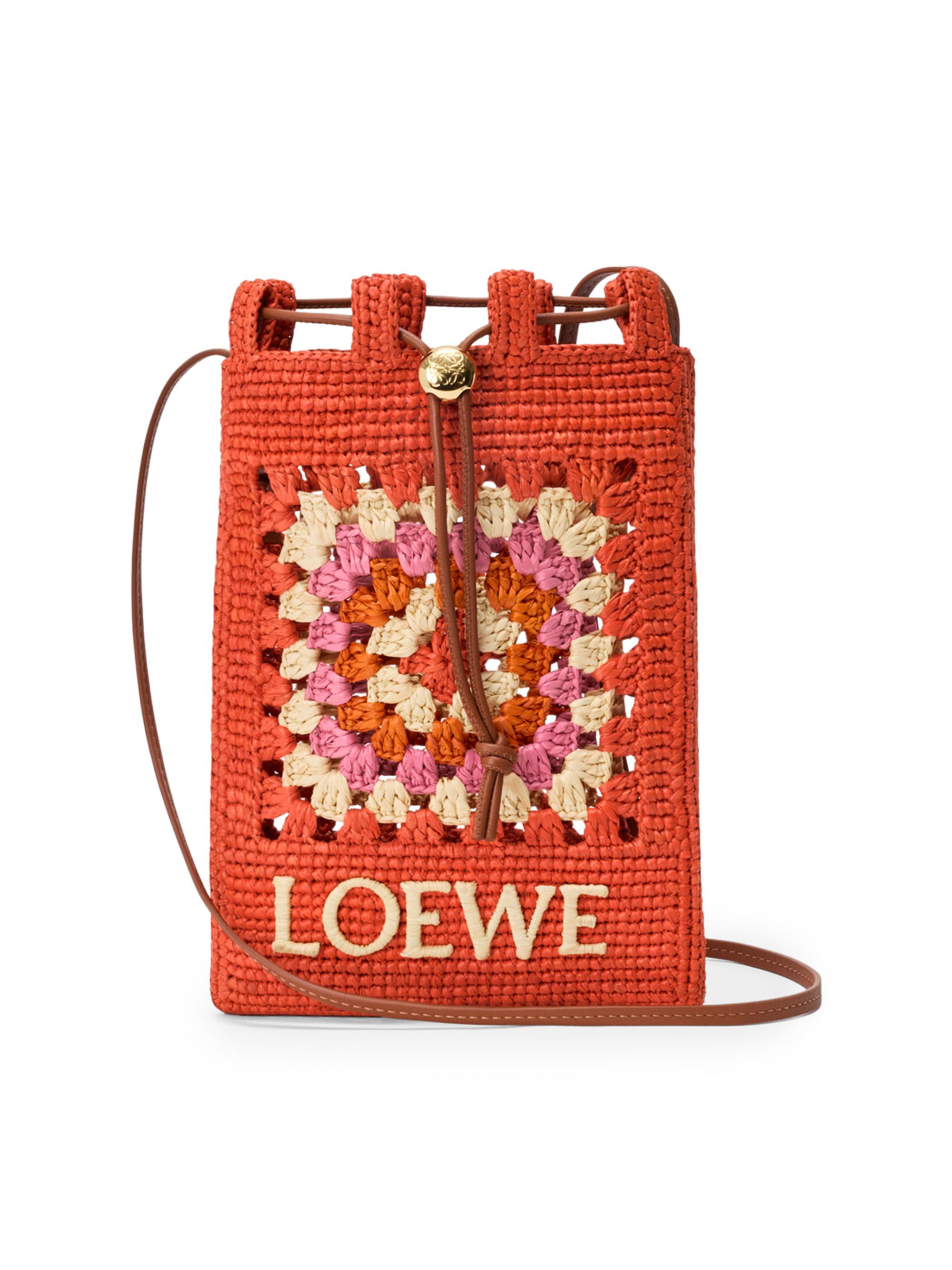 LOEWE Women's  x Paula's Ibiza Drawstring Crochet Raffia Pocket Pouch - Bright Orange Pink