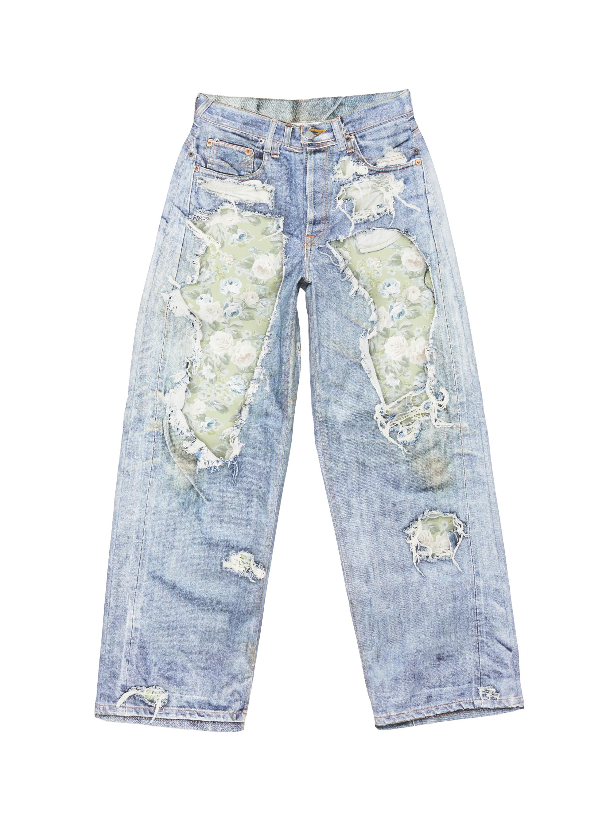 Acne Studios Men's 1981 Rose-Print Distressed Jeans - Blue Green