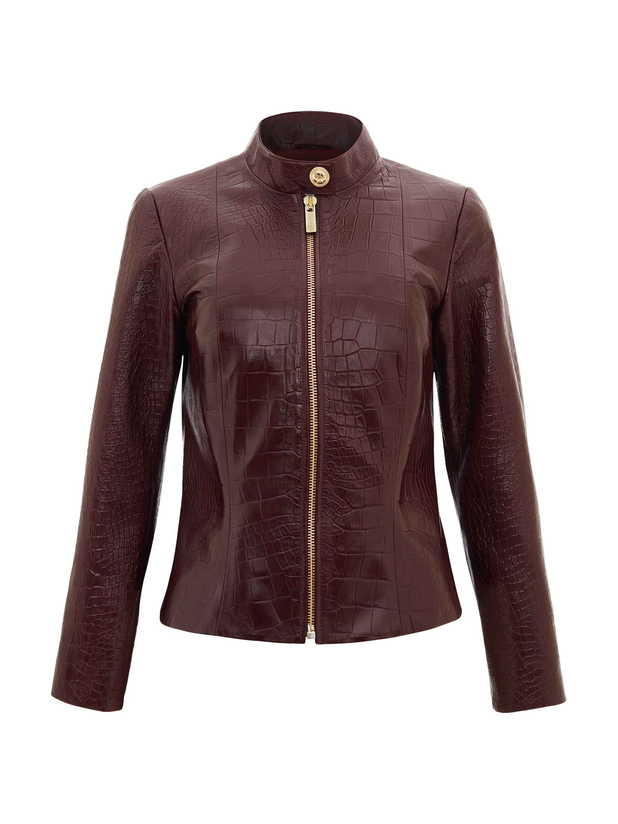 Gorski Women's Select Nappa Leather Croco Embossed Zip Jacket - Burgundy | Thumbnail 6