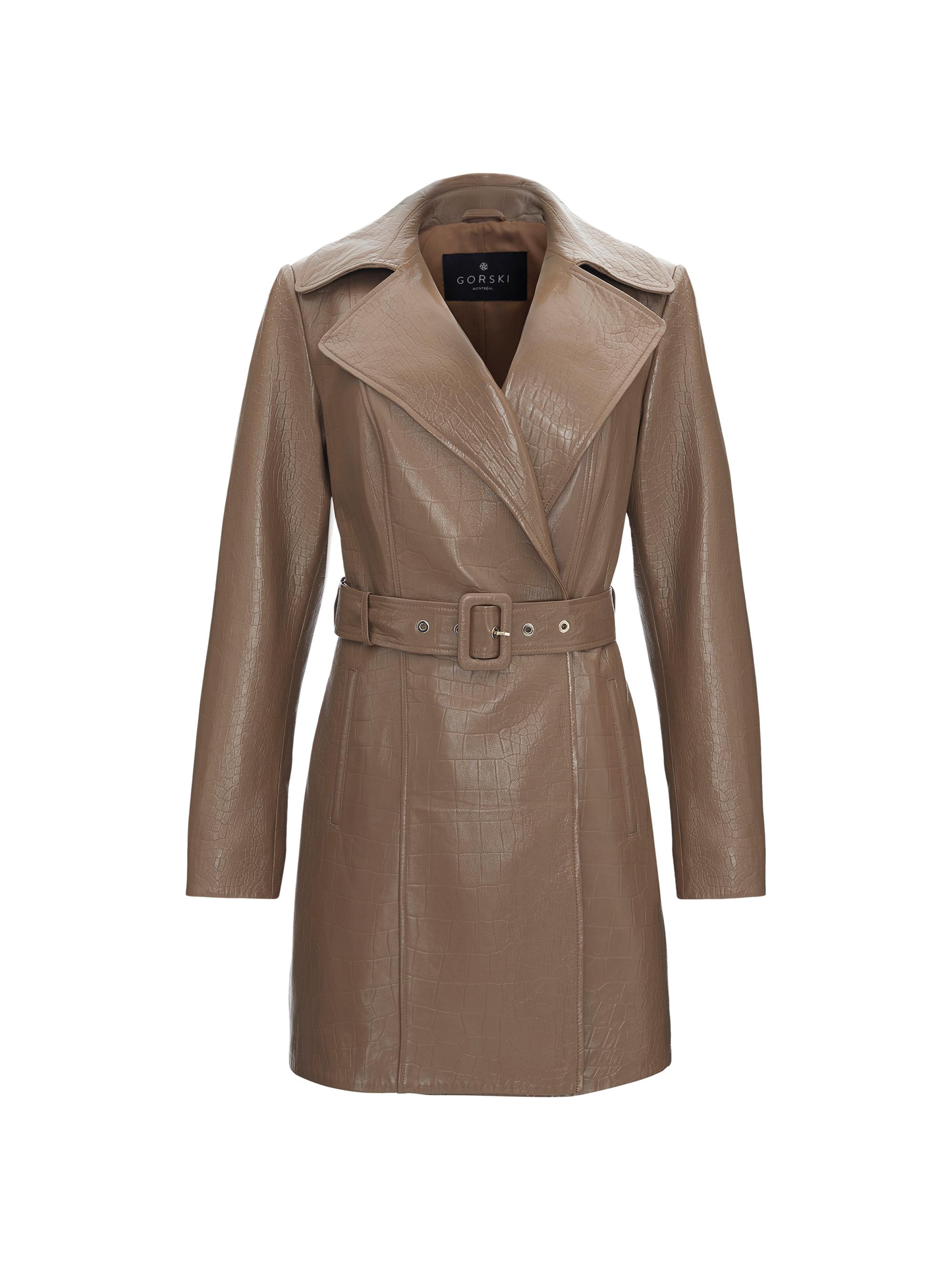 Gorski Women's Select Nappa Leather Croco Embossed Trench Coat, Belt - Camel | Thumbnail 7