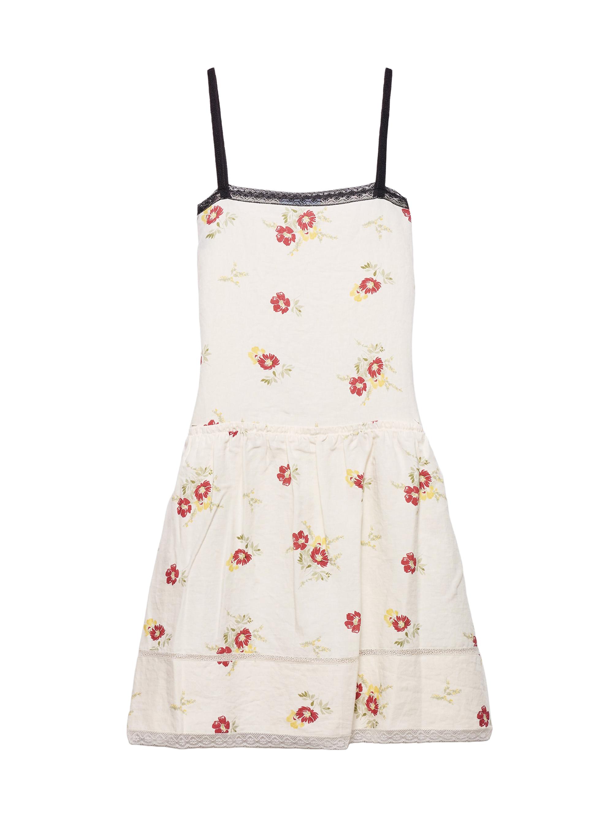 Embroidered Linen Mini-Dress with Floral Motif