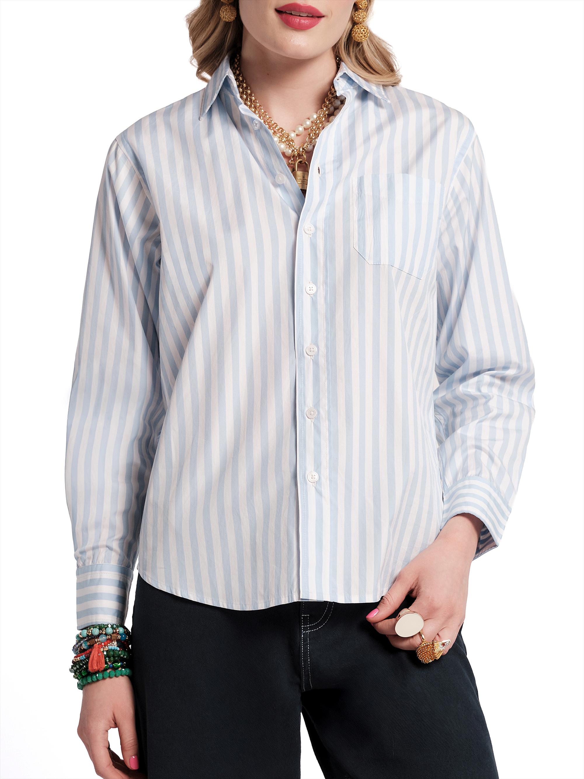 Frances Valentine Women's Perfect Striped Poplin Cotton Shirt - Oyster Light Blue