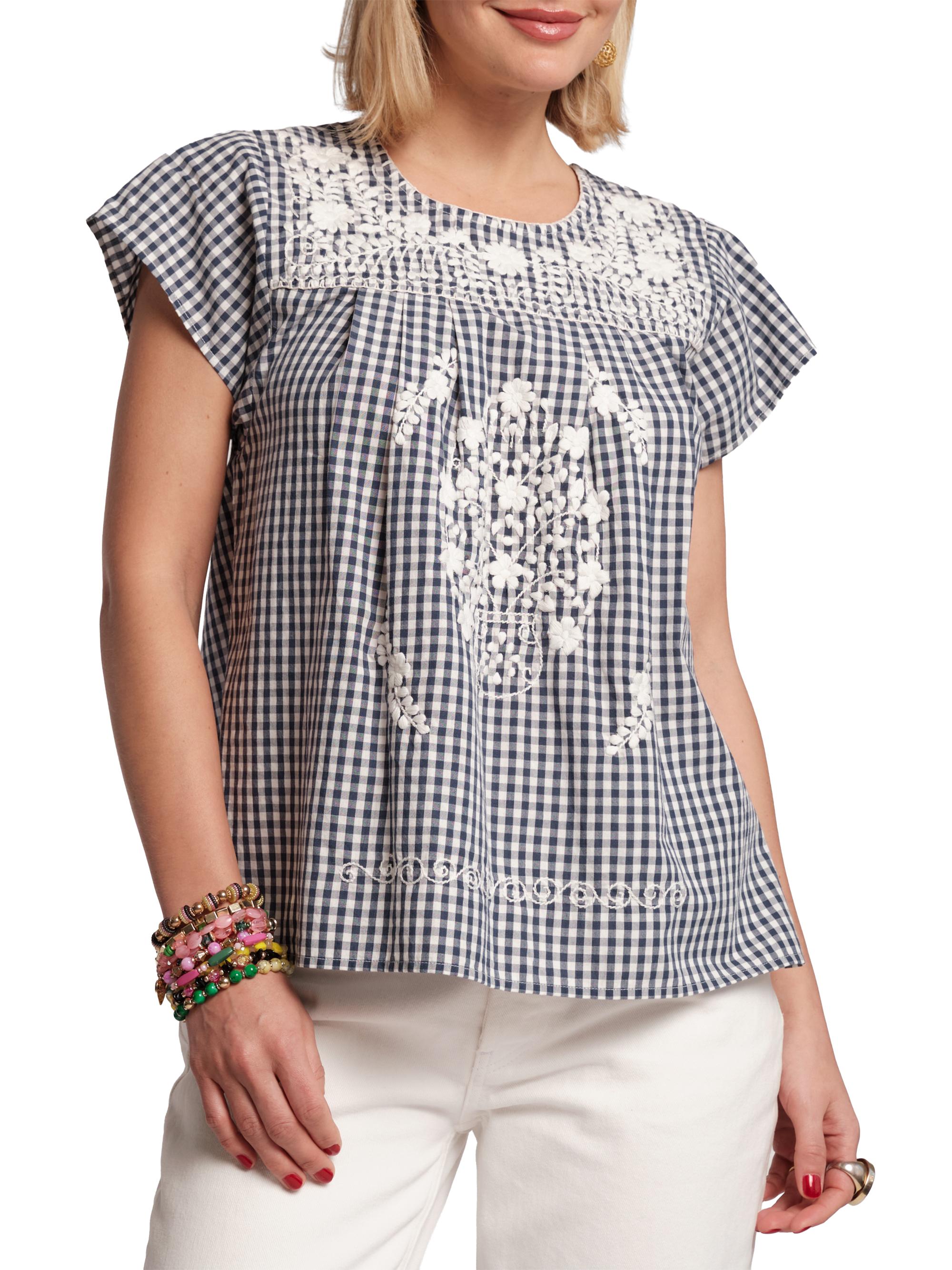 Frances Valentine Women's Camila Embroidered Gingham Top - Navy Oyster