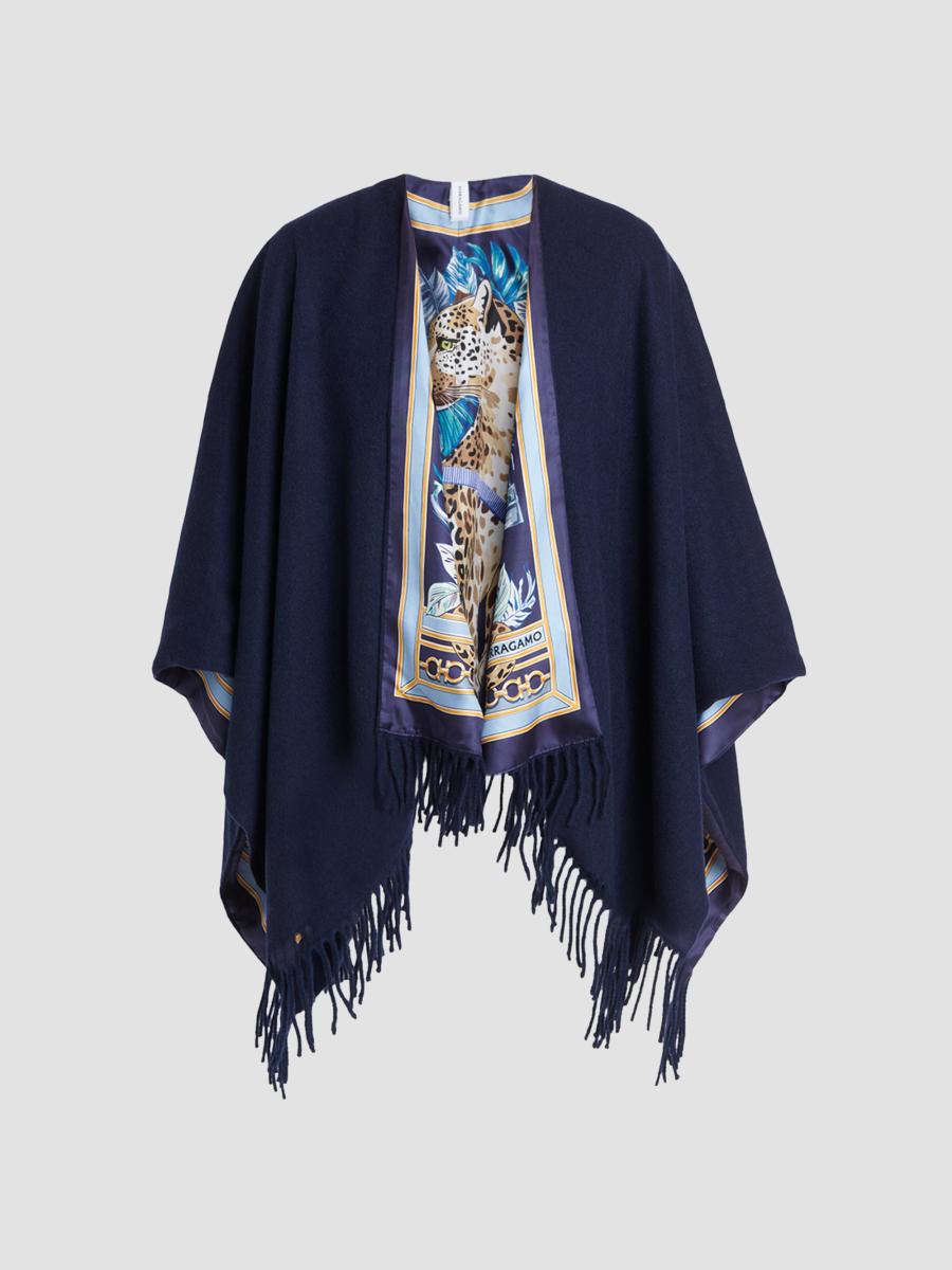 Ferragamo Women's Leopard Print Cashmere-wool Reversible Cape In Navy Blue