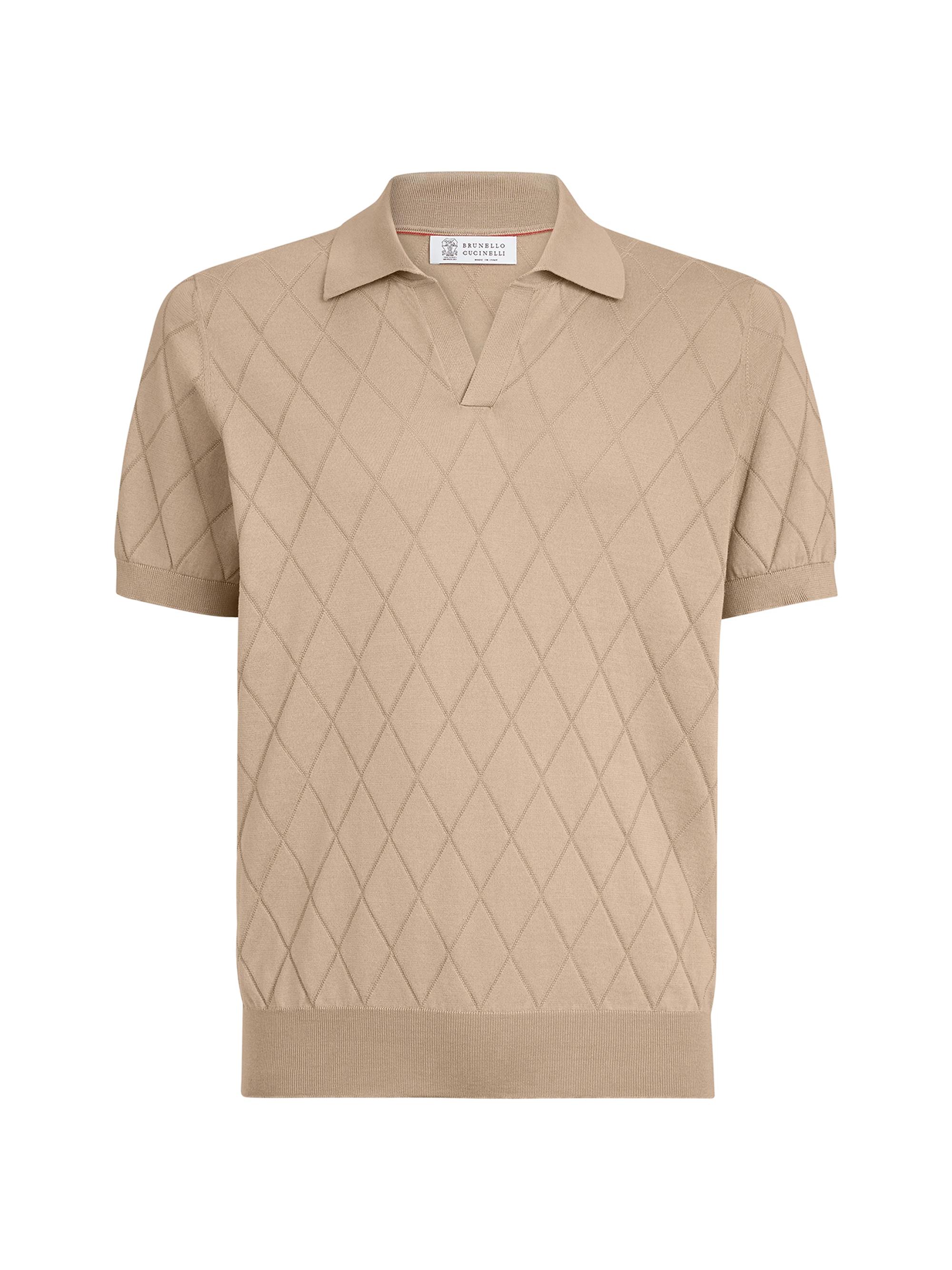 Brunello Cucinelli Men's Cotton Textured Argyle Lightweight Knit Polo Shirt - Beige | Thumbnail 7
