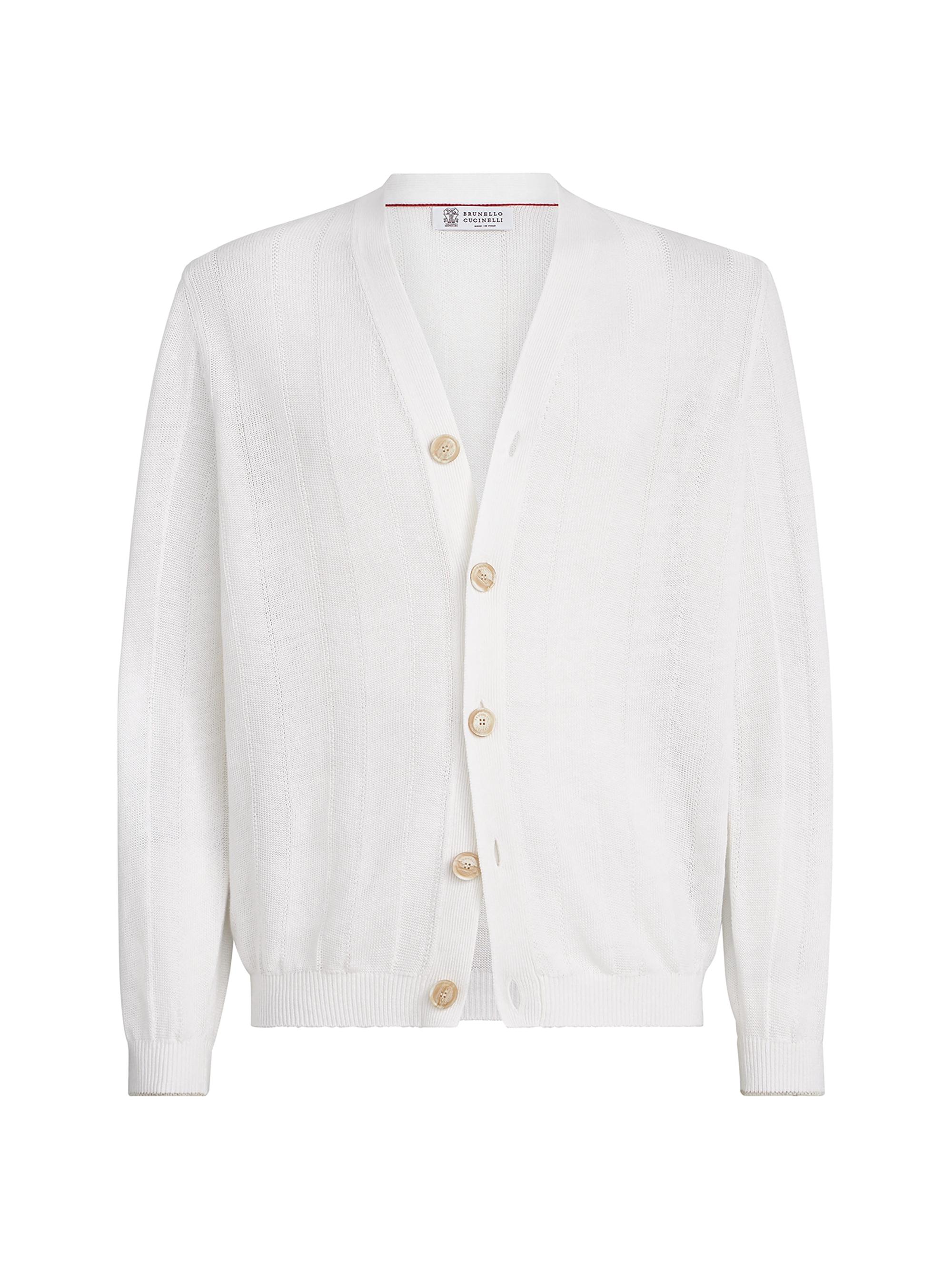 Brunello Cucinelli Men's Linen and Cotton Textured Rib Cardigan - White | Thumbnail 7