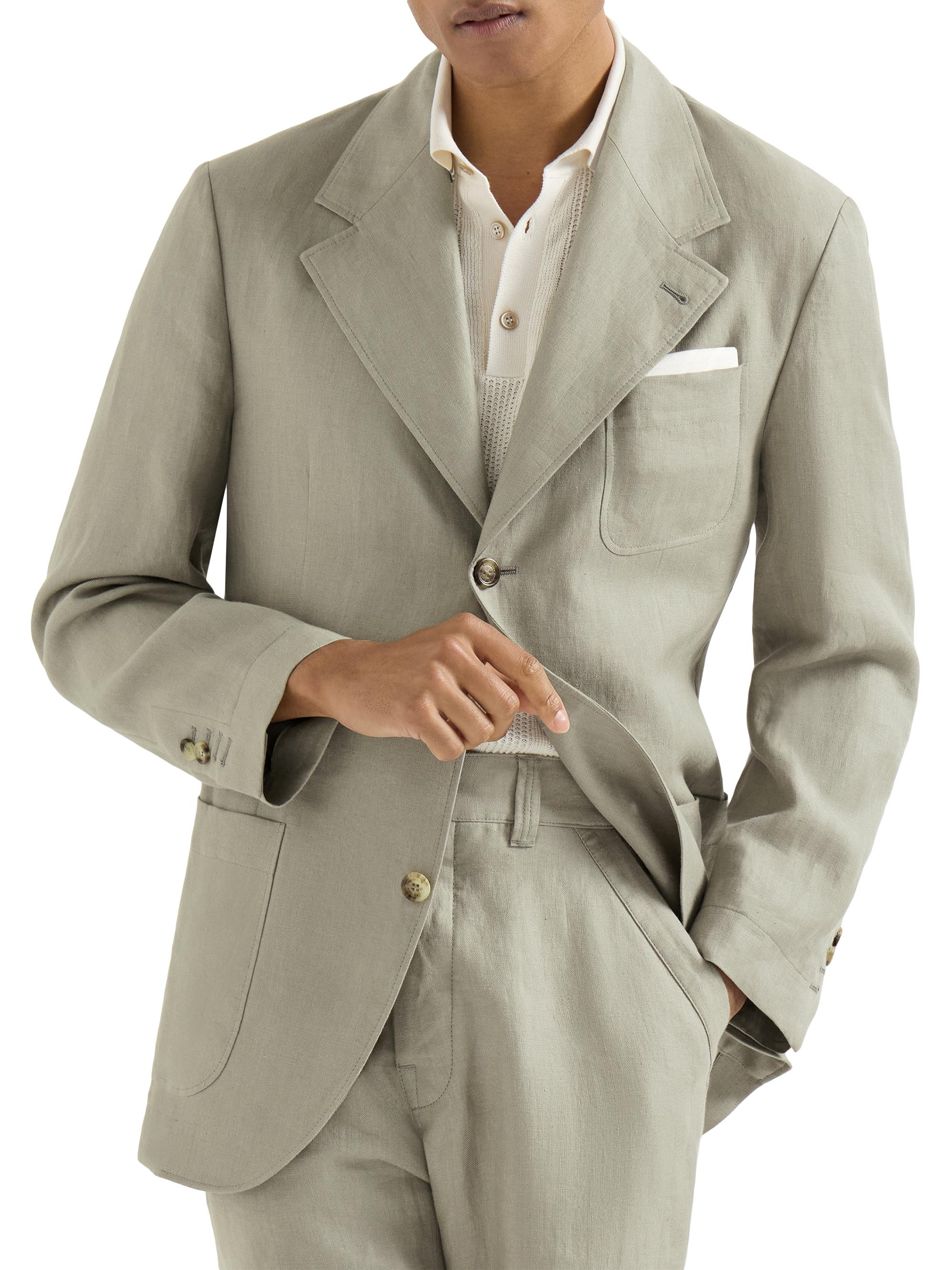 Brunello Cucinelli Men's Linen Micro Chevron Unlined Blazer - Sage | Thumbnail 7