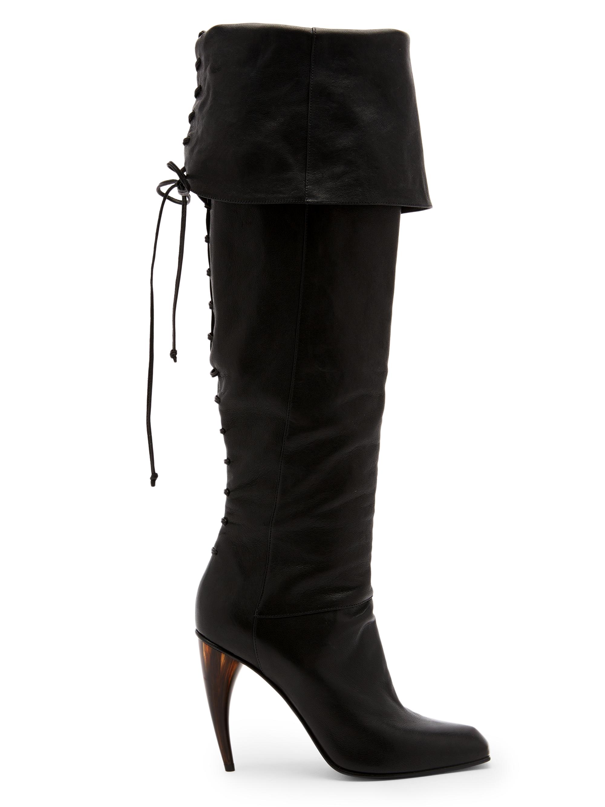McQueen Women's Horn 105MM Leather Foldover Lace-Back Boots - Black