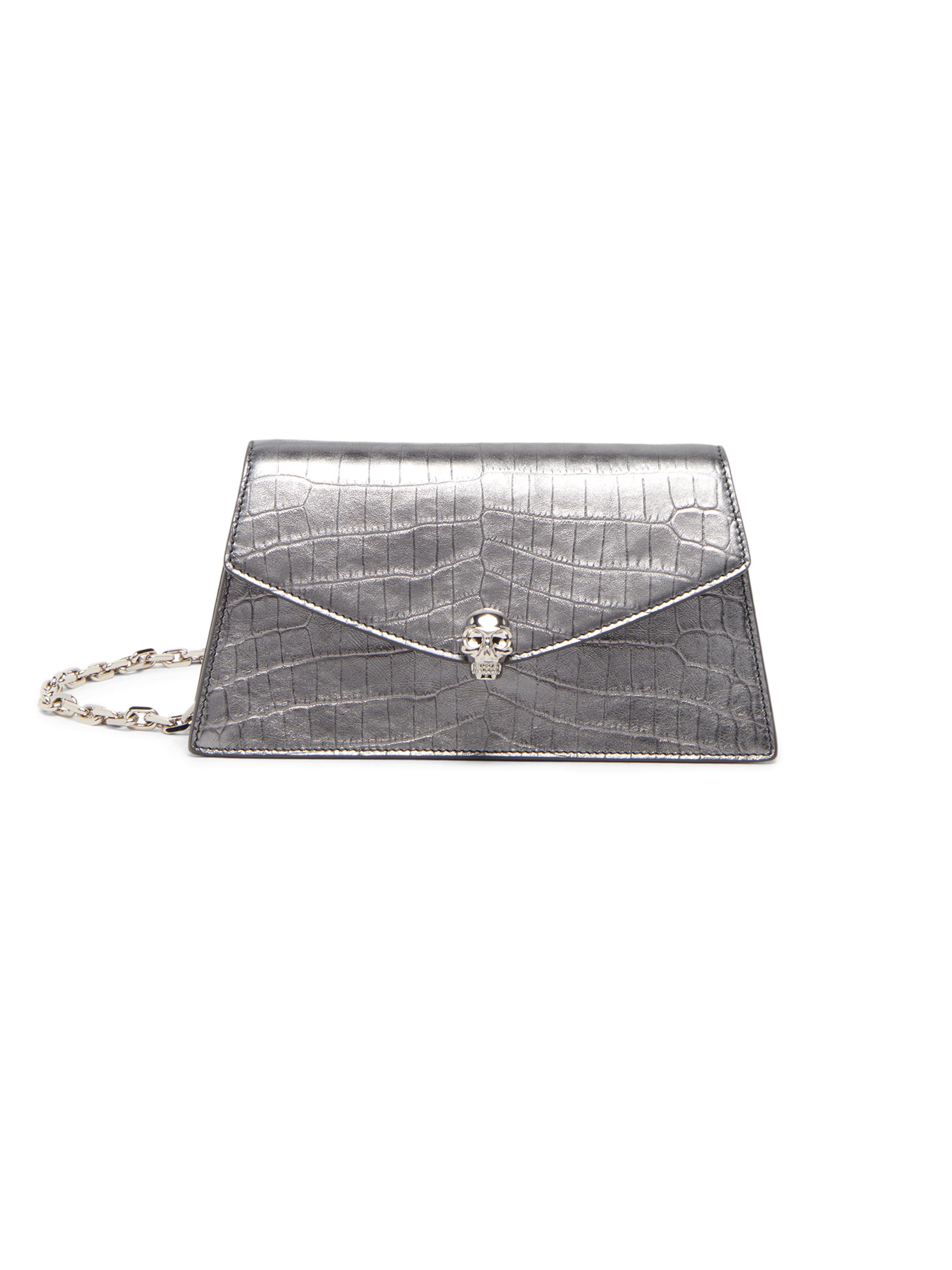 McQueen Women's Skull Mini Crocodile-Embossed Metallic Leather Shoulder Bag - Cloud