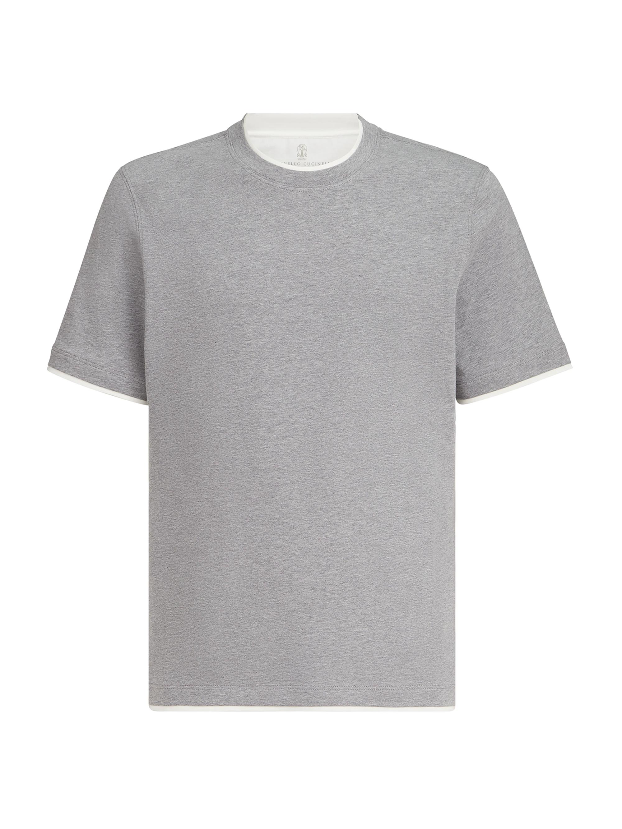 Brunello Cucinelli Men's Cotton Jersey Crewneck T-Shirt with Faux Layering - Grey | Thumbnail 7