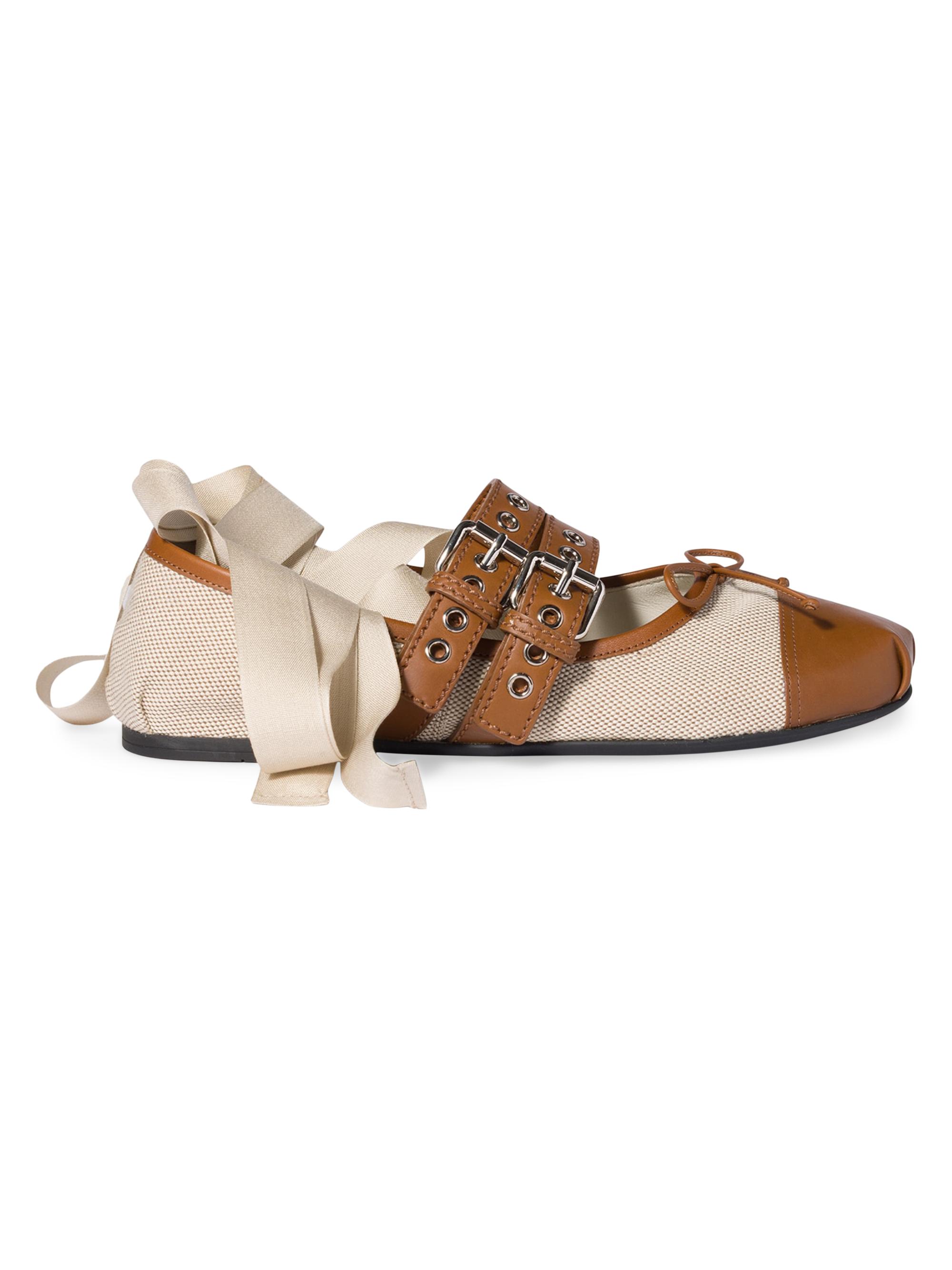 Miu Miu Women's Canvas and Leather Ballerinas - Beige Khaki