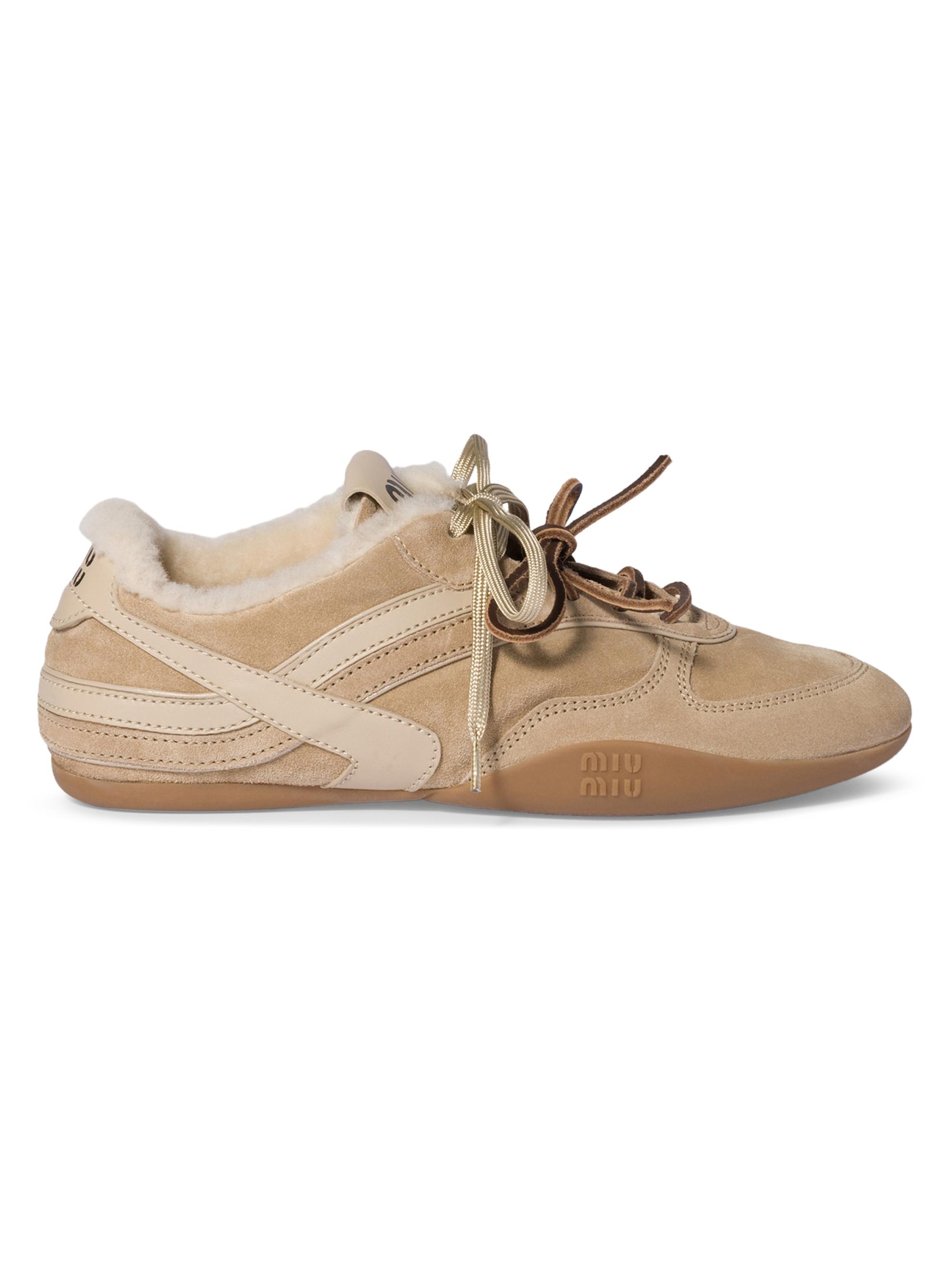 Miu Miu Women's Gymnasium Suede and Shearling Sneakers - Beige Khaki