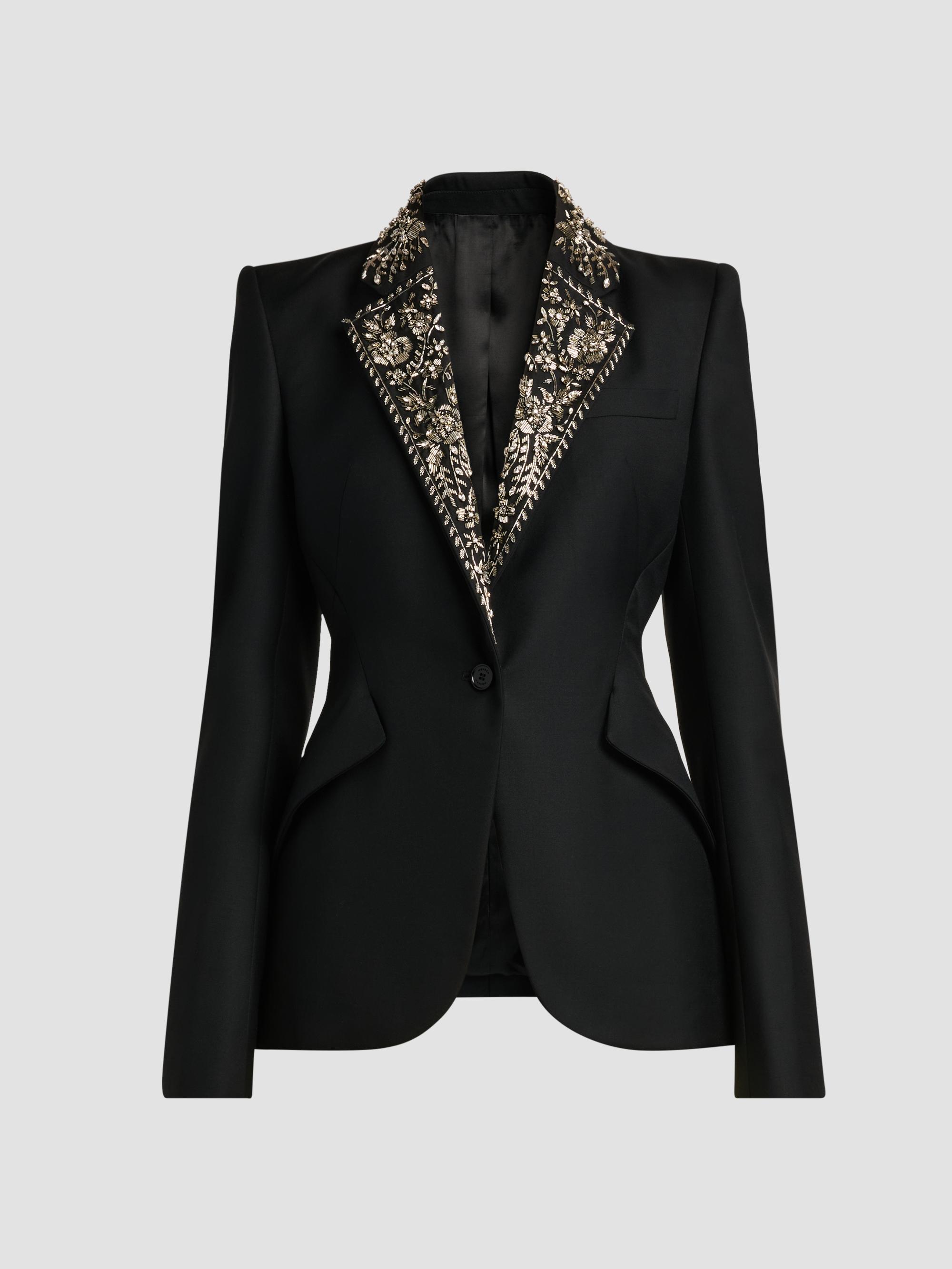 McQueen Women's Floral-Embellished Wool One-Button Blazer - Black