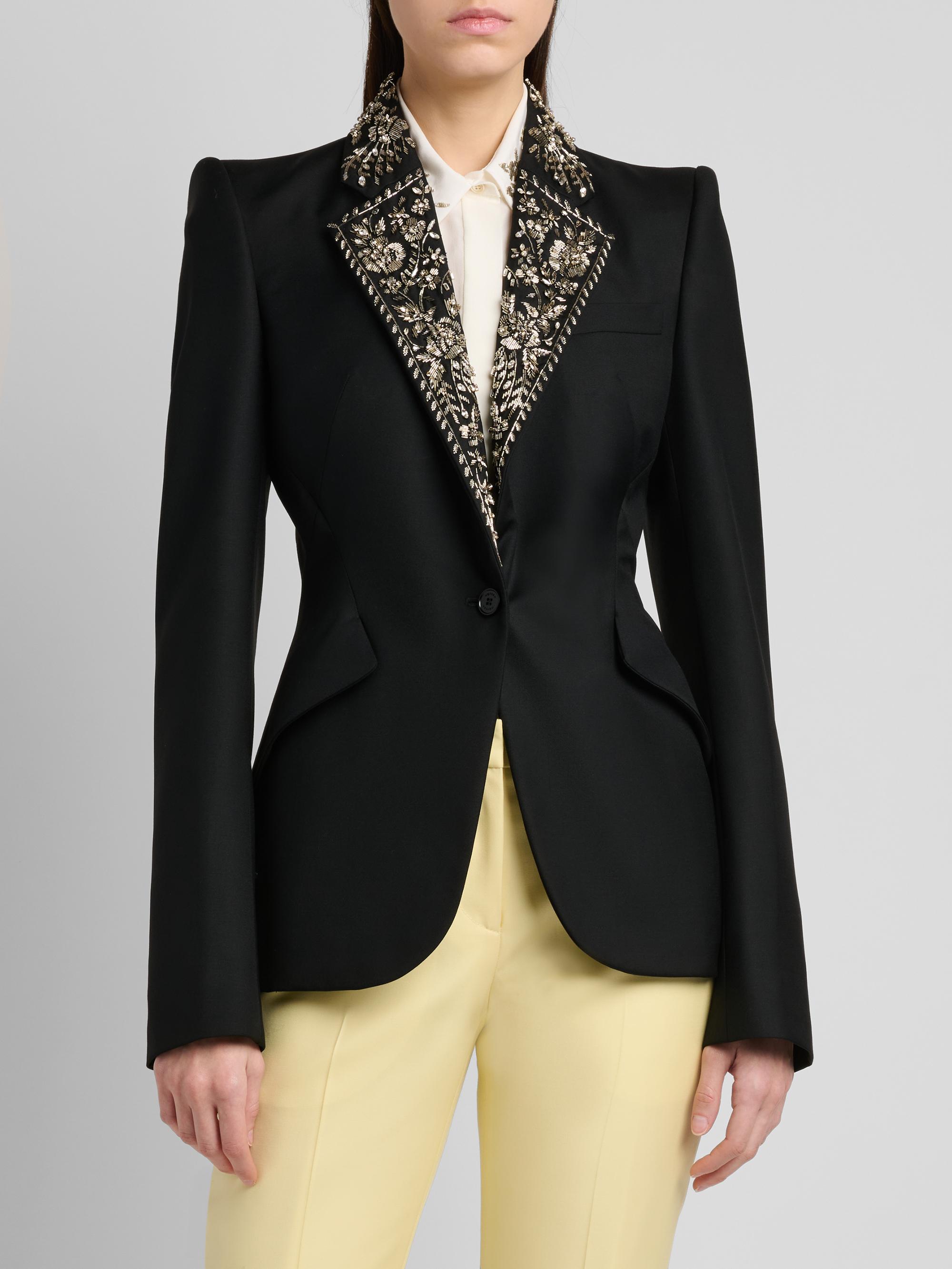 McQueen Women's Floral-Embellished Wool One-Button Blazer - Black | Thumbnail 3