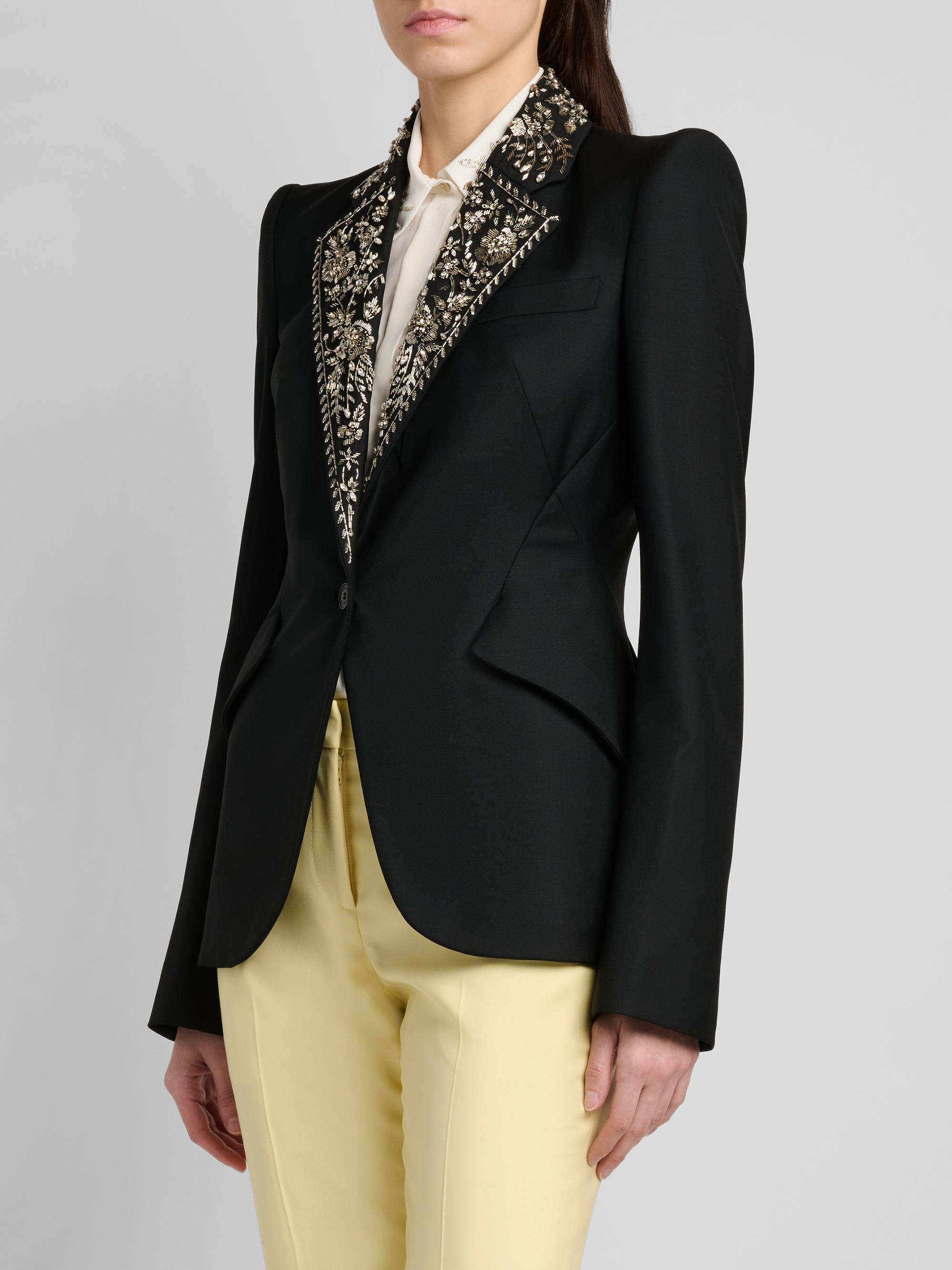 McQueen Women's Floral-Embellished Wool One-Button Blazer - Black | Thumbnail 4