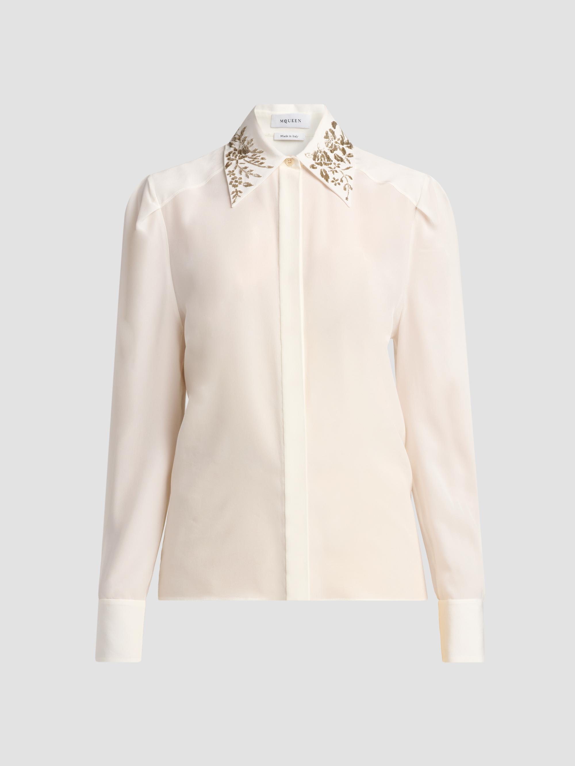 McQueen Women's Floral-Embellished Collar Silk Shirt - Light