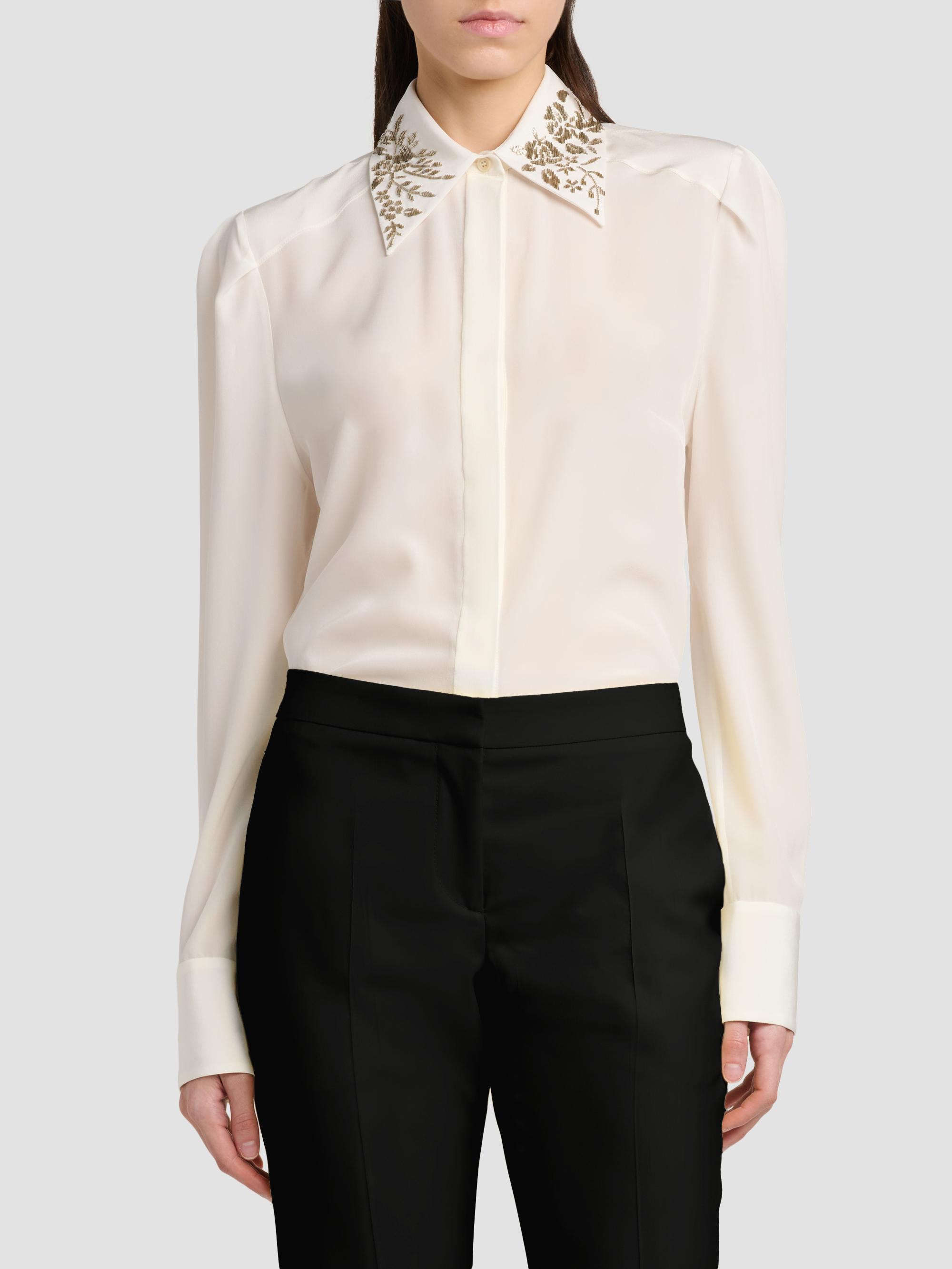 McQueen Women's Floral-Embellished Collar Silk Shirt - Light | Thumbnail 3
