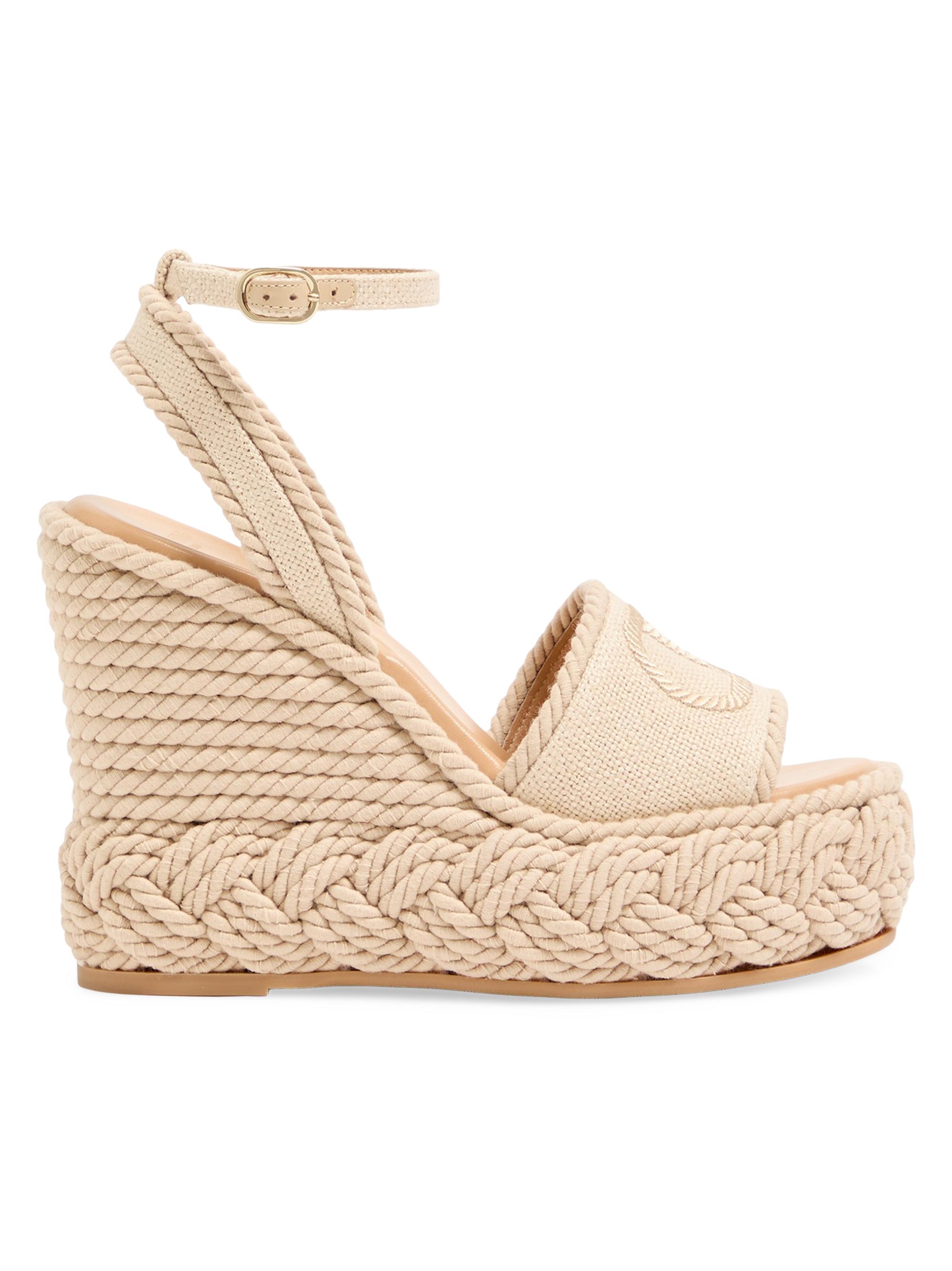 Valentino Garavani Women's VLogo 130MM Torchon Wedge Sandals in Linen Canvas - Ecru