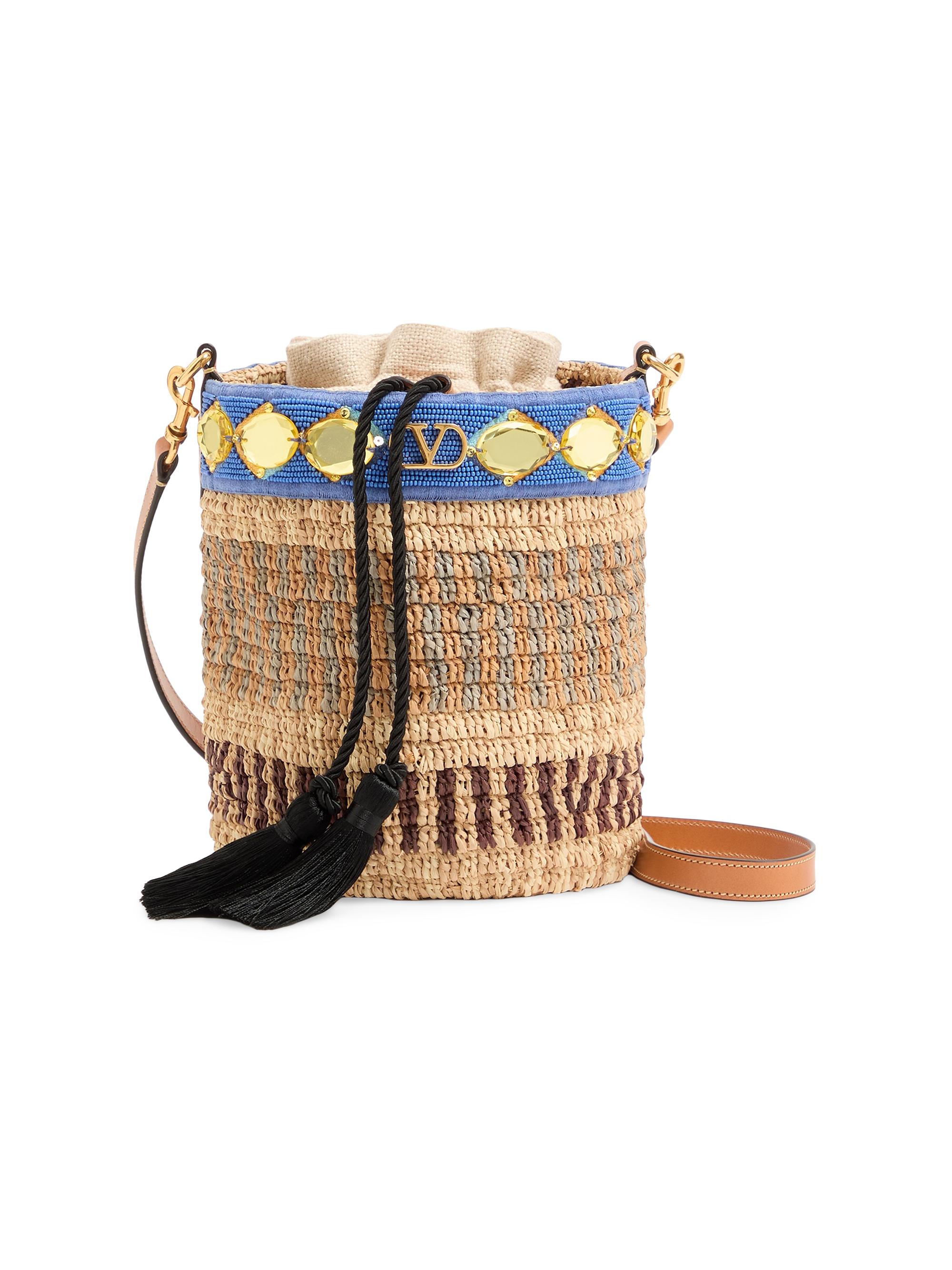 Valentino Garavani Women's  Embroidered Bucket Bag in Raffia - Natural
