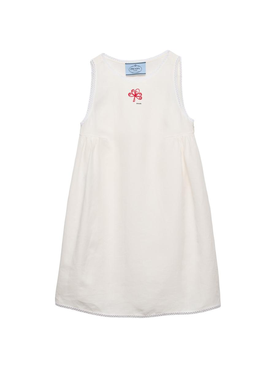 prada linen mini dress Prada Embroidered Slubbed Canvas Mini-dress, Woman, White, Size 36