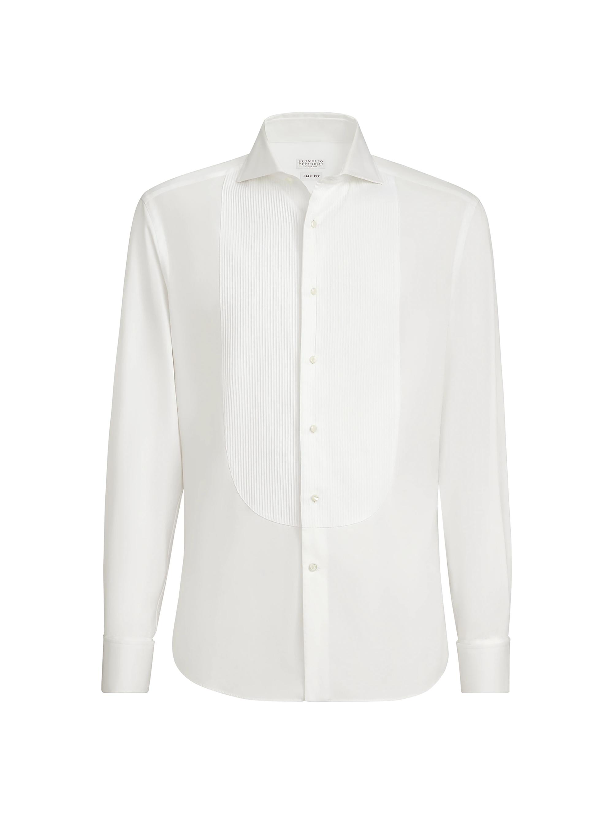 Brunello Cucinelli Men's Cotton Twill Slim Fit Tuxedo Shirt with French Cuff - Off White