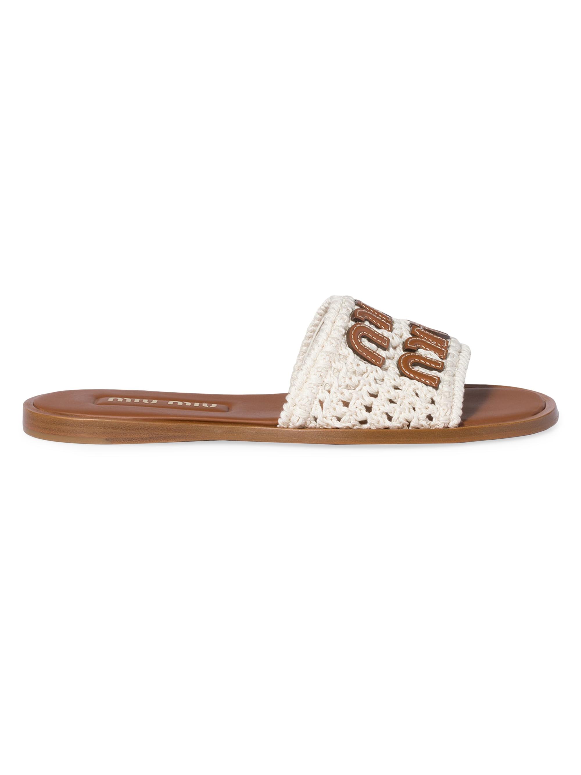 Miu Miu Women's Crochet and Leather Flat Slides - Beige Khaki