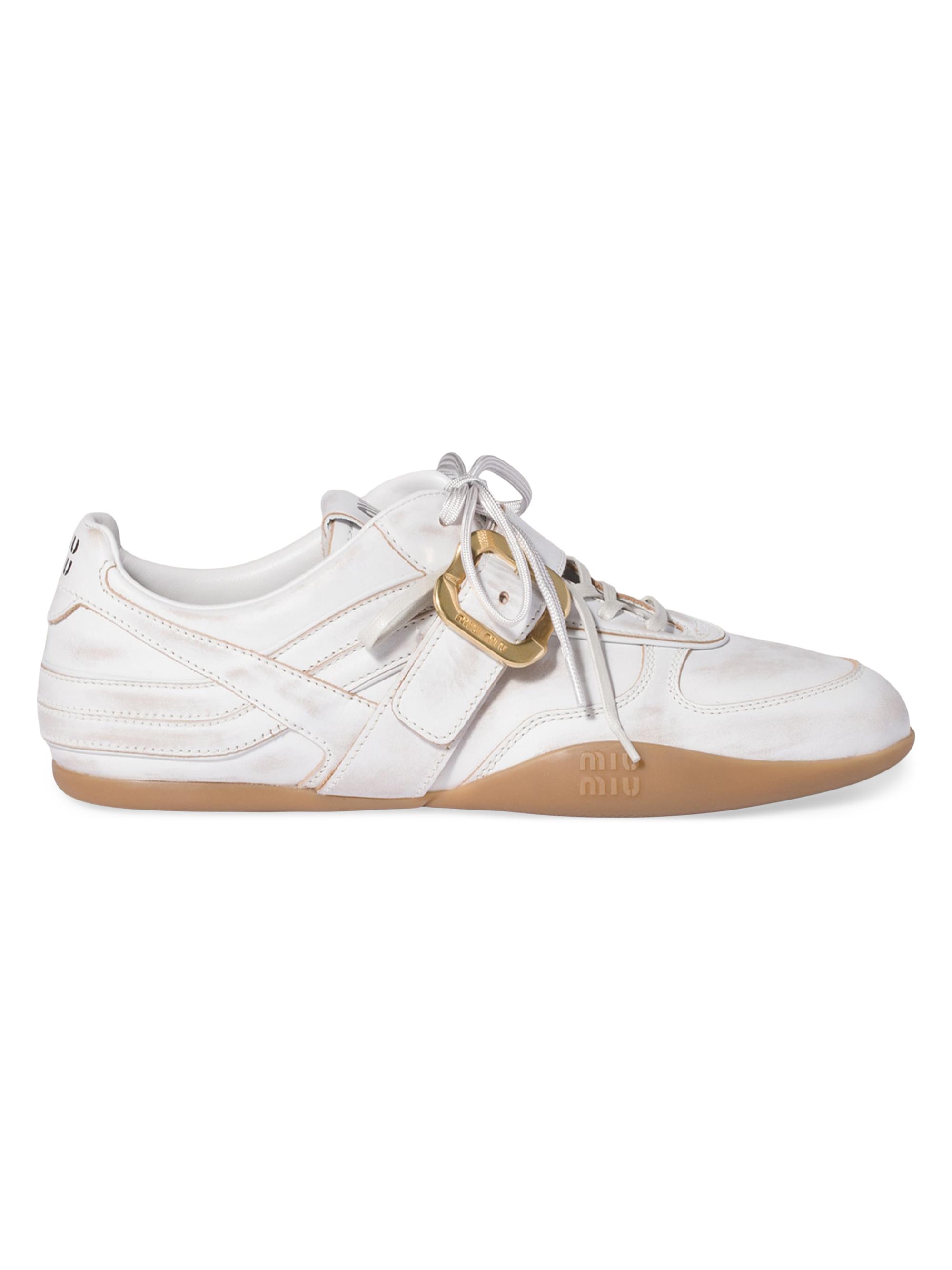 Miu Miu Women's Gymnasium Leather Sneakers with Strap and Buckle - White