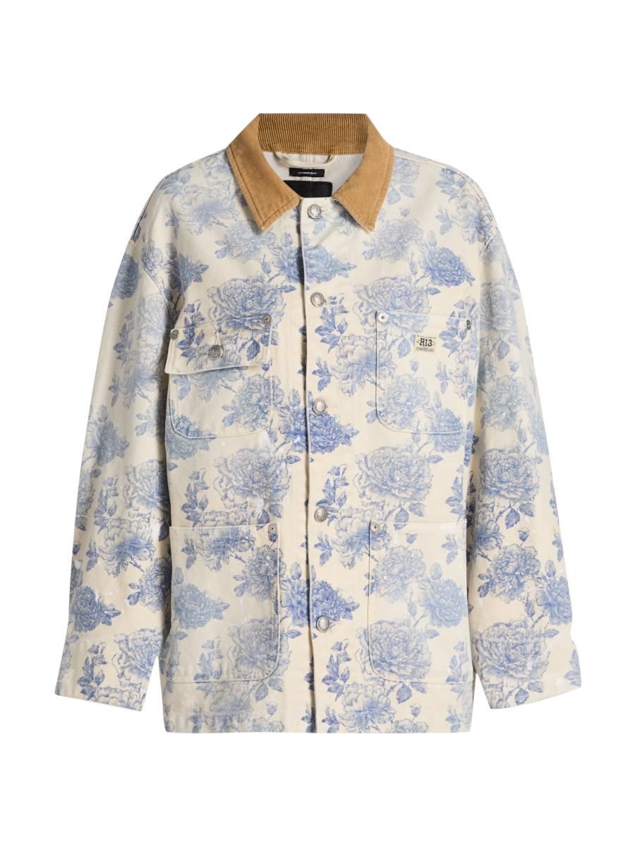 R13 Women's Floral Cotton Chore Jacket In Dustbloom Indigo
