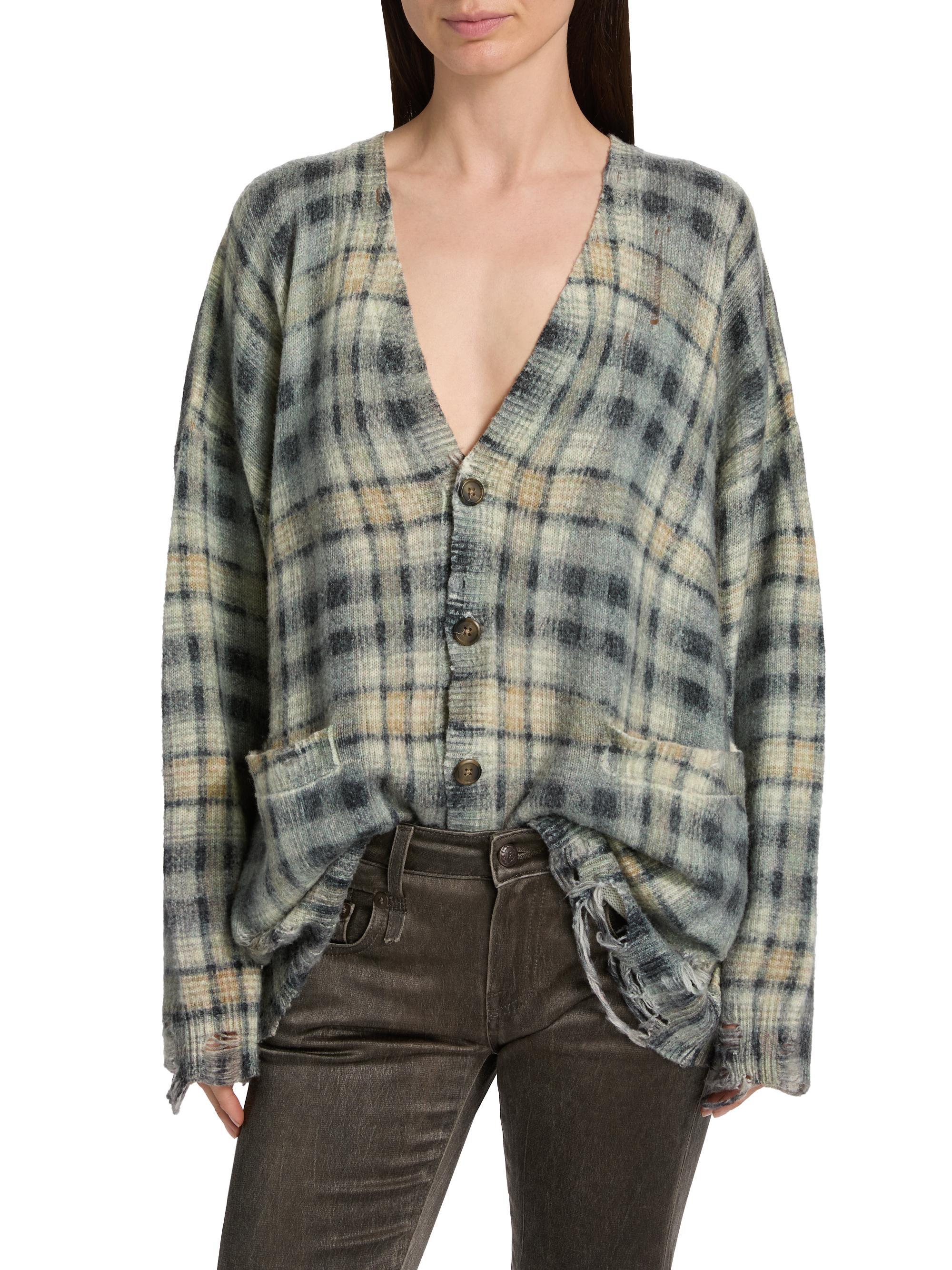 R13 Women's Plaid Wool-Cashmere Oversized Cardigan - Grey Black Plaid | Thumbnail 3