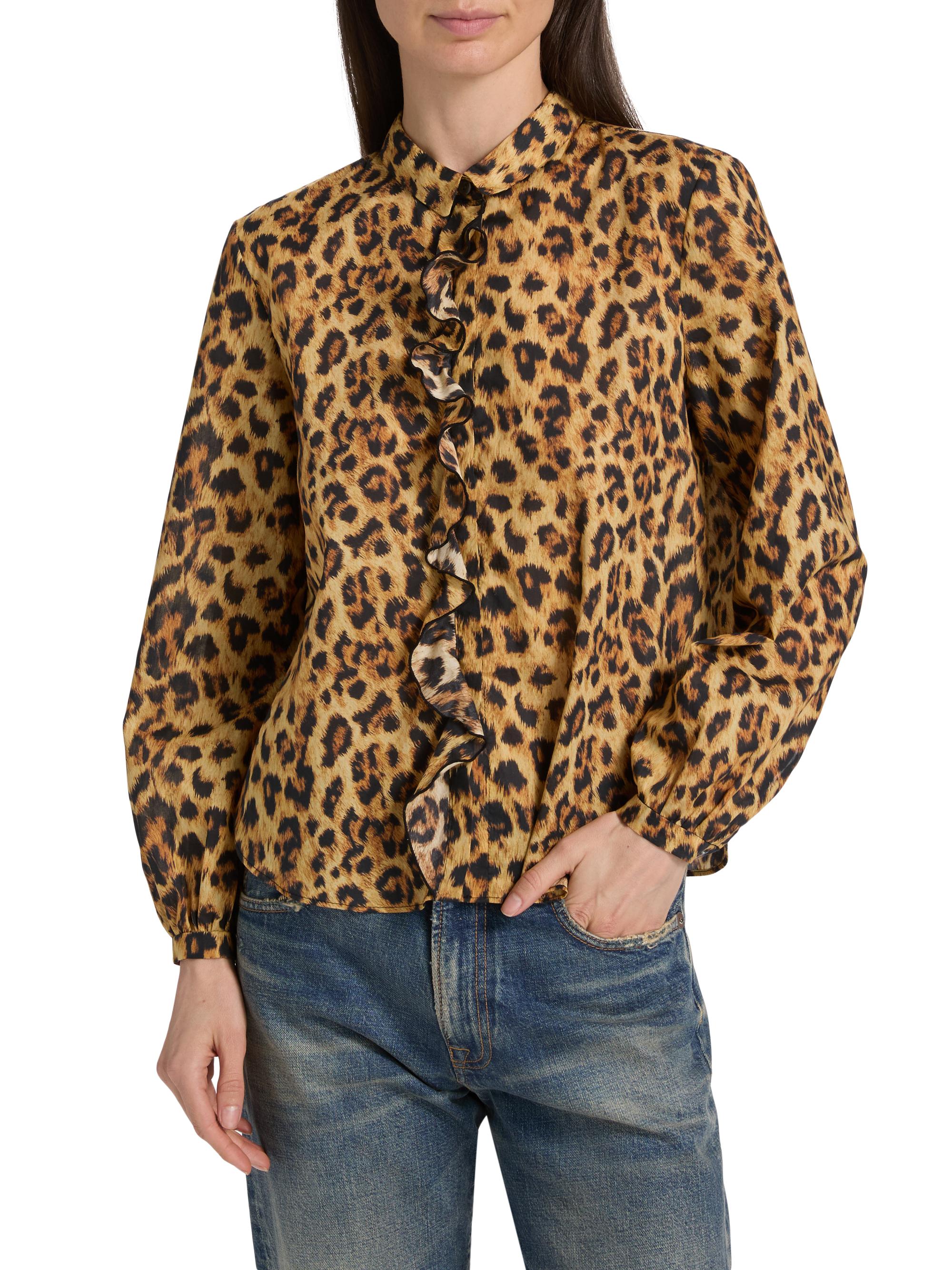 R13 Women's Leopard-Print Ruffle-Trim Cotton Blouse - Yellow Cheetah | Thumbnail 3