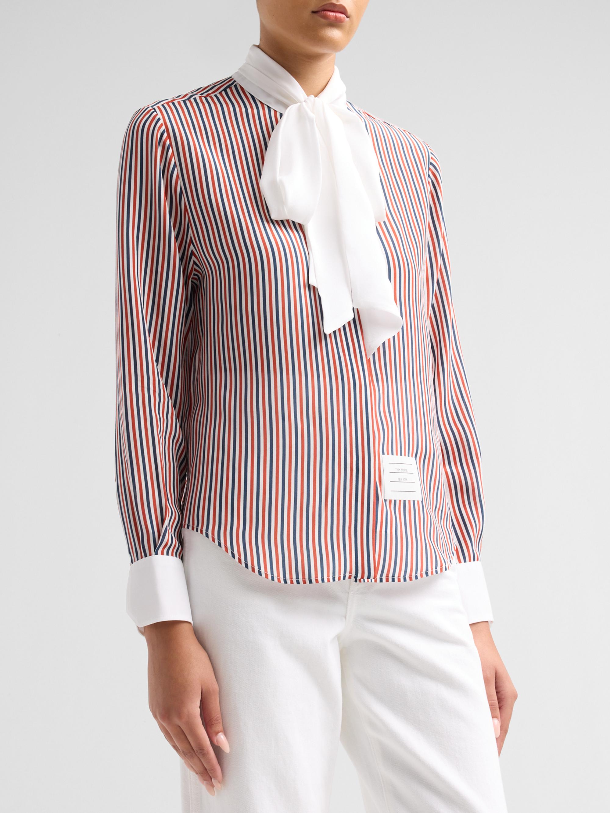 Thom Browne Women's Stripe Silk Tieneck Shirt - Red White Blue | Thumbnail 4
