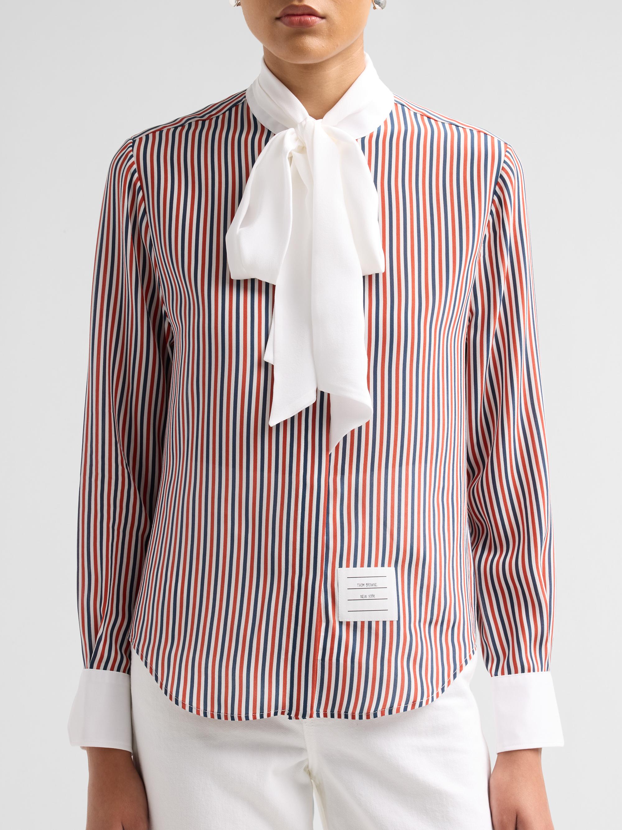 Thom Browne Women's Stripe Silk Tieneck Shirt - Red White Blue | Thumbnail 5