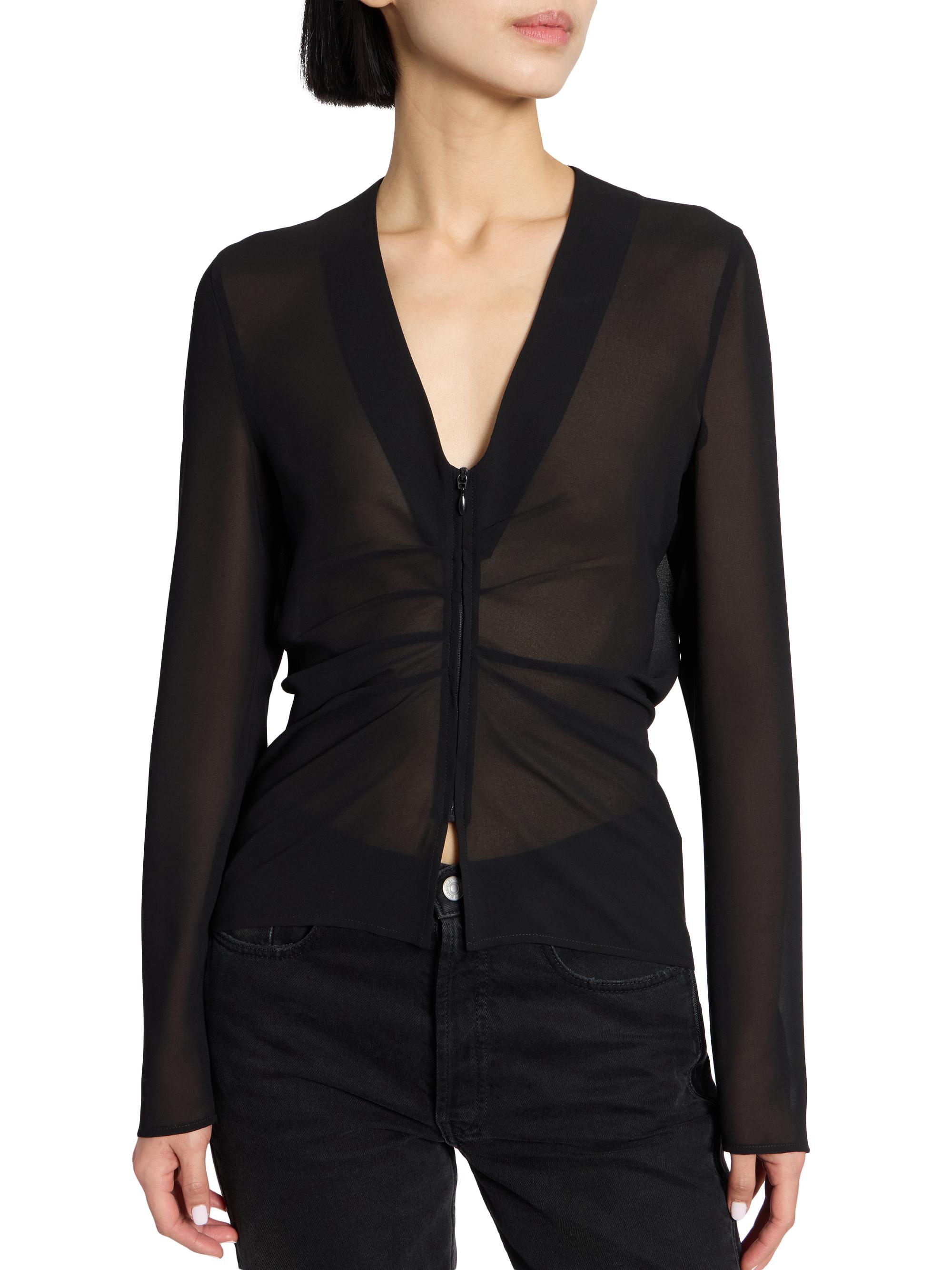 MM6 Maison Margiela Women's Chiffon Gathered Zip-Front Top - Black | Thumbnail 6