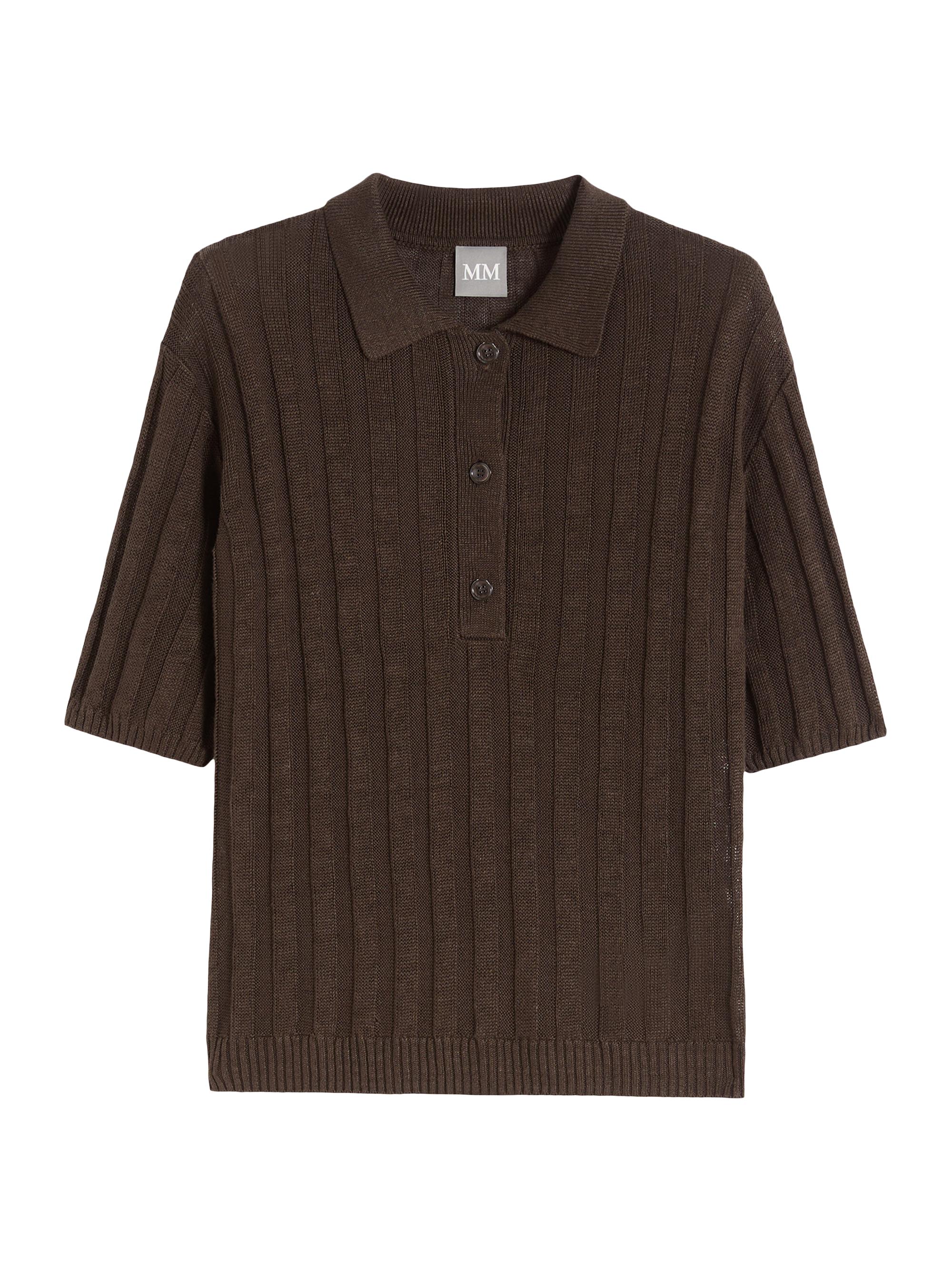 MM Max Mara Women's Rib Knit Linen Yarn Polo Shirt - Dark Brown