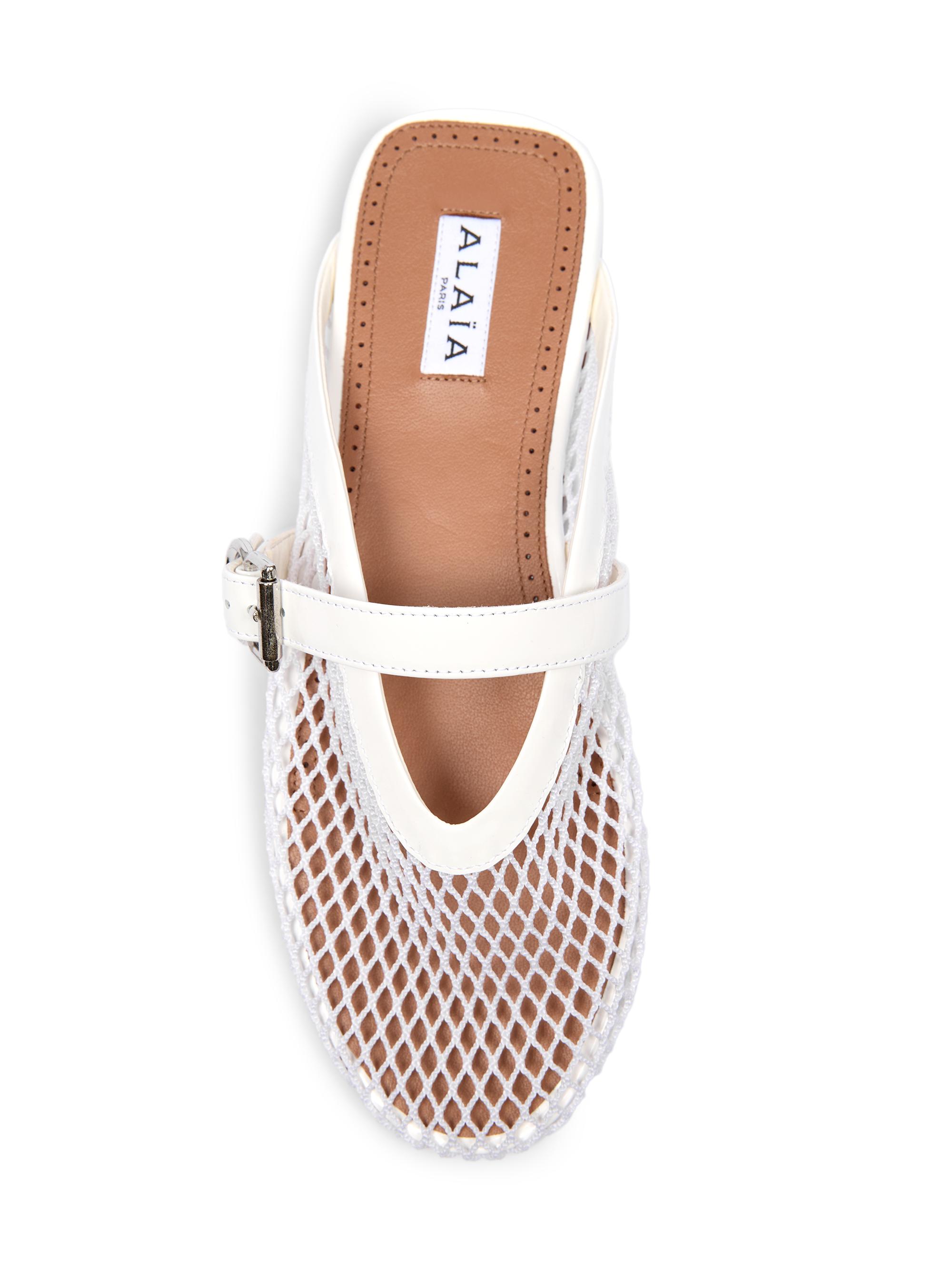 ALAIA Women's Open-Knit Fishnet Flat Mules - Blanc Optique | Thumbnail 4