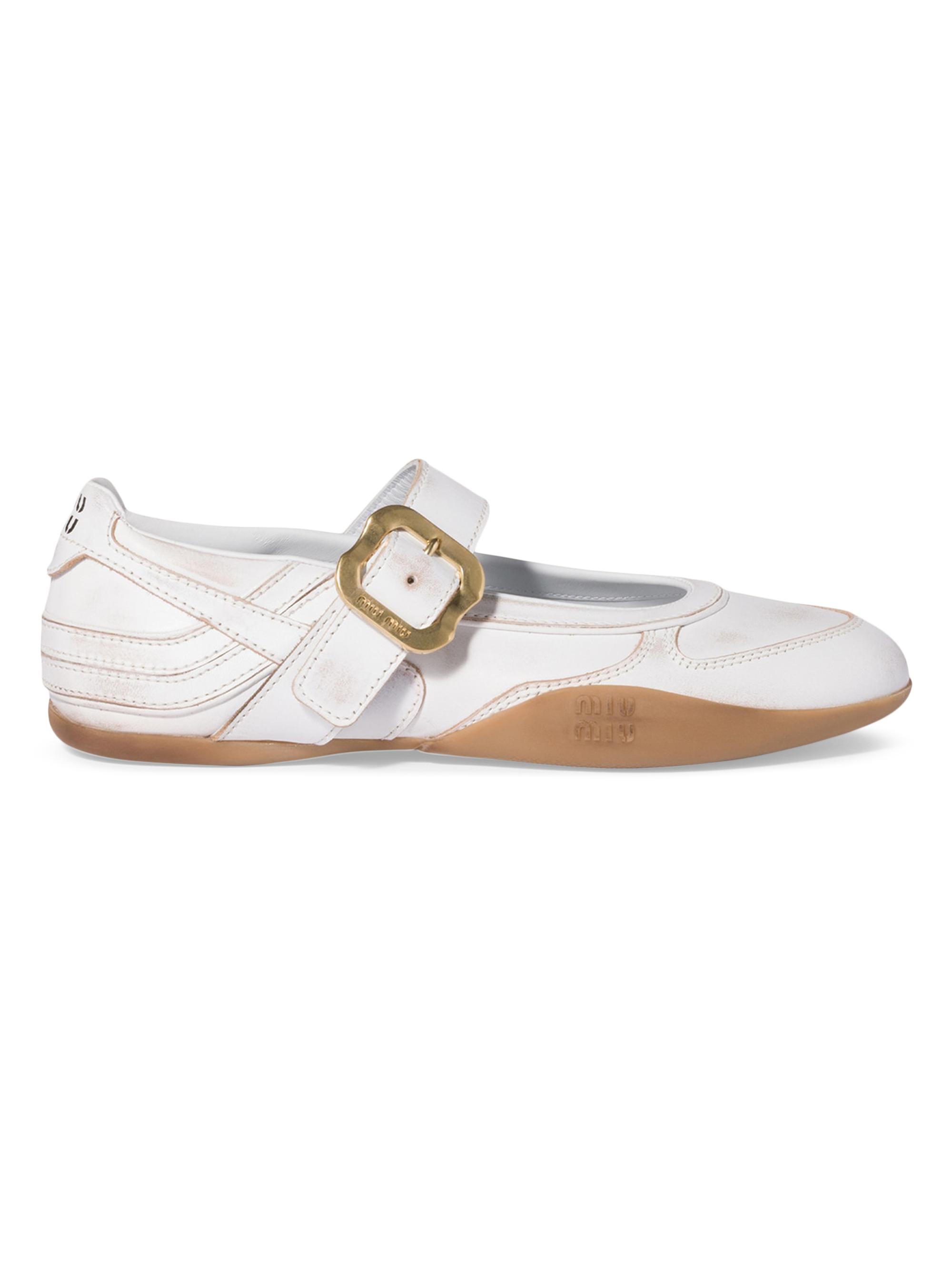 Miu Miu Women's Gymnasium Leather Ballerinas with Strap and Buckle - White