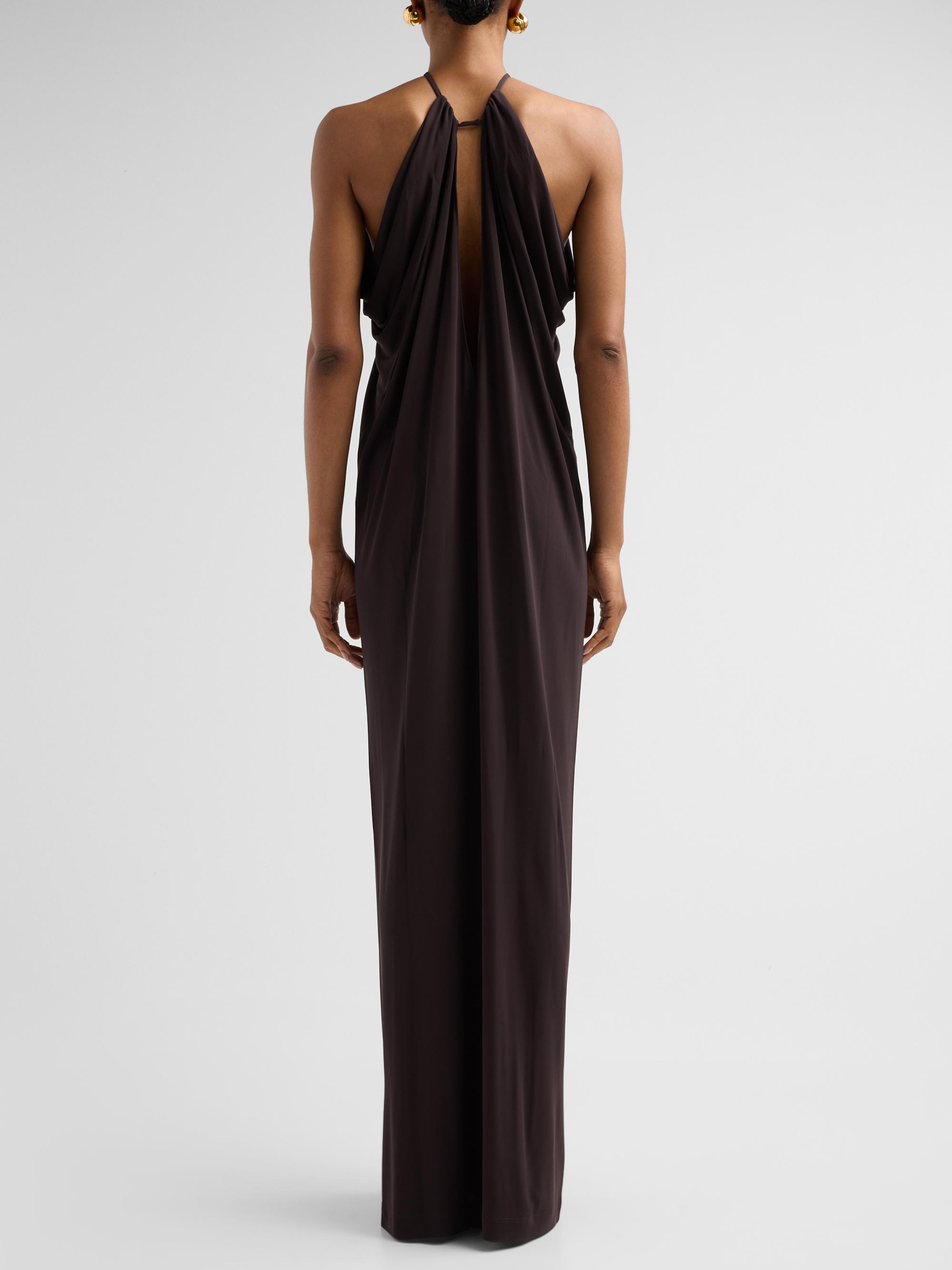 alberta ferretti maxi dress Long silk gown with shoulder-revealing cape