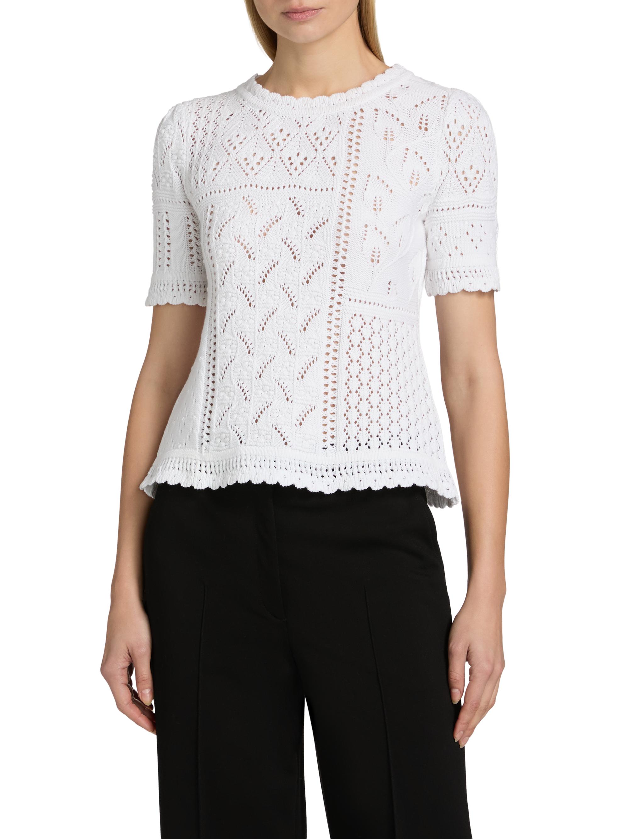 Elie Tahari Women's The Lily Pointelle Cotton Knit Short-Sleeve Sweater - Sky White | Thumbnail 3